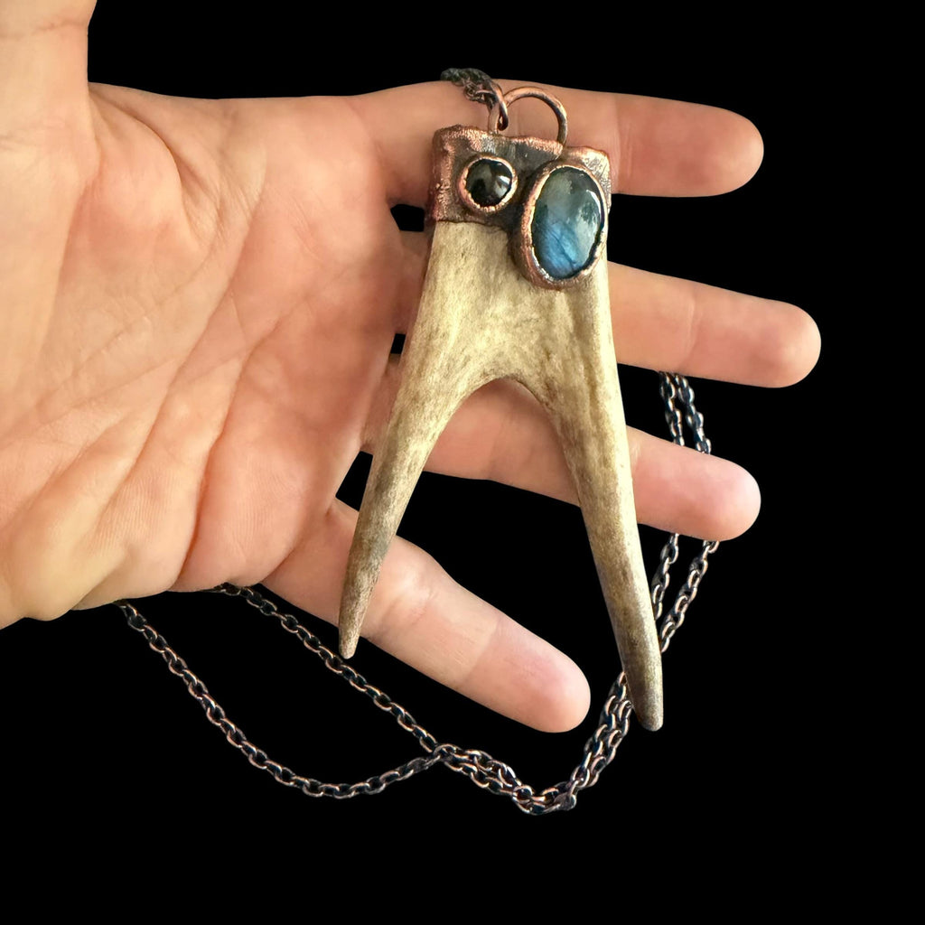 Labradorite & Obsidian Antler Necklace | Electroformed Copper Deer Antler Pendant | Handmade Boho Crystal Jewelry | Witchy Gift
