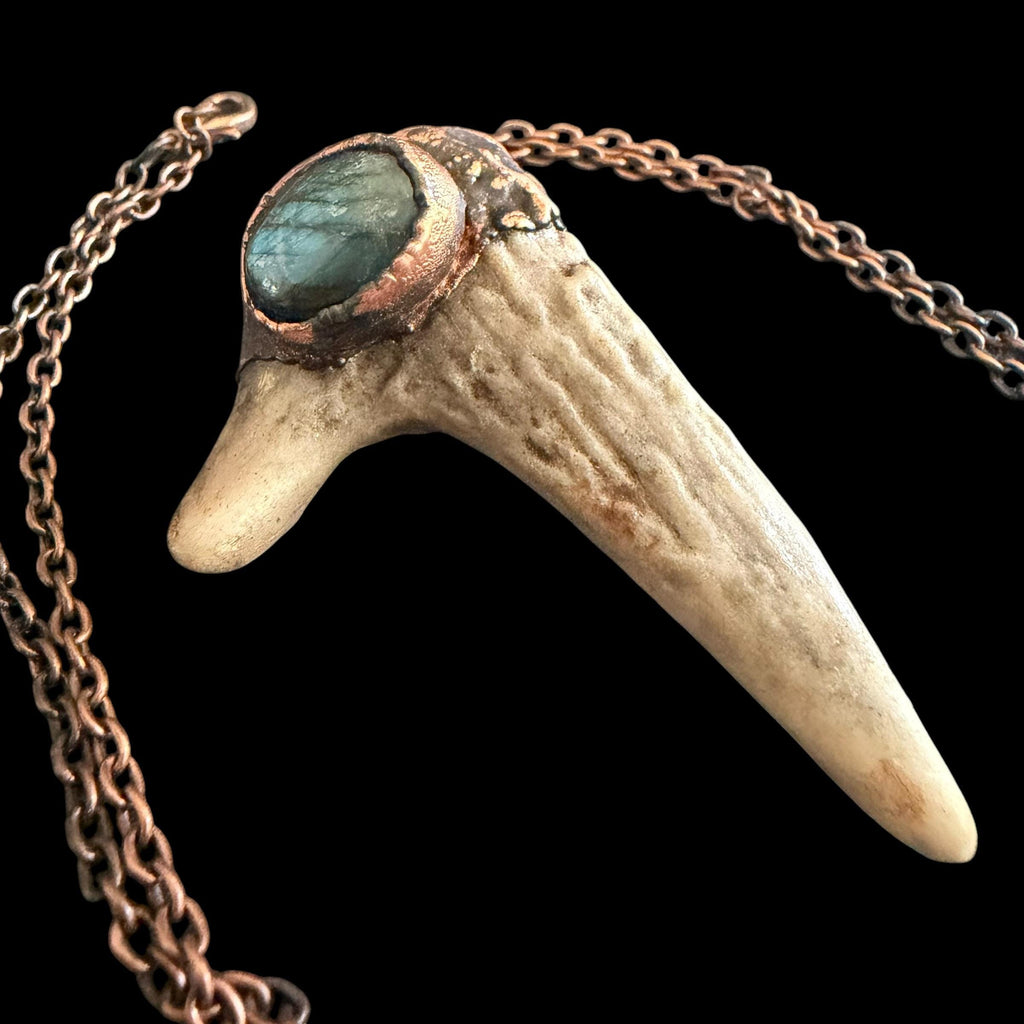 Labradorite & Obsidian Antler Necklace | Electroformed Copper Deer Antler Pendant | Handmade Boho Crystal Jewelry | Witchy Gift