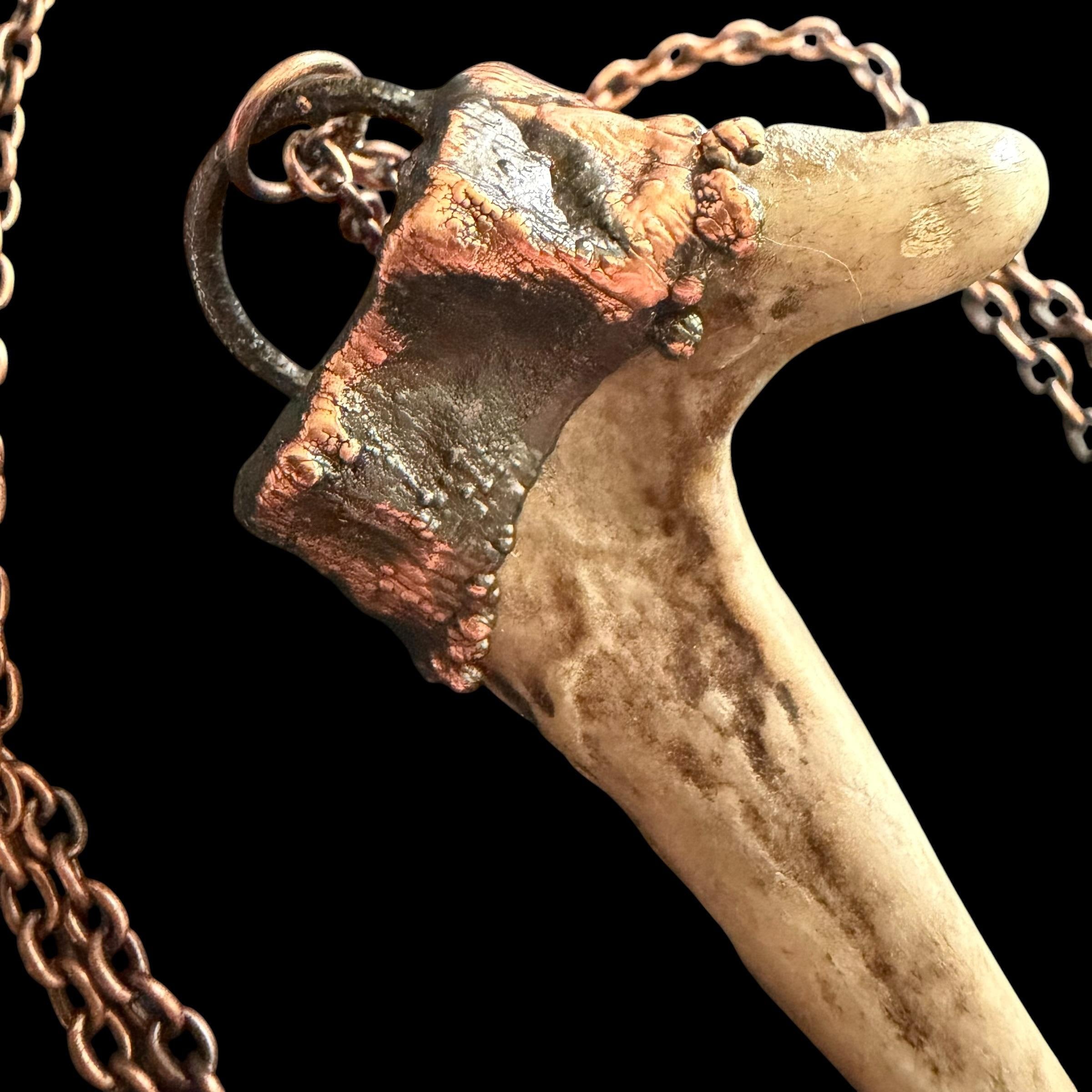 Labradorite & Obsidian Antler Necklace | Electroformed Copper Deer Antler Pendant | Handmade Boho Crystal Jewelry | Witchy Gift