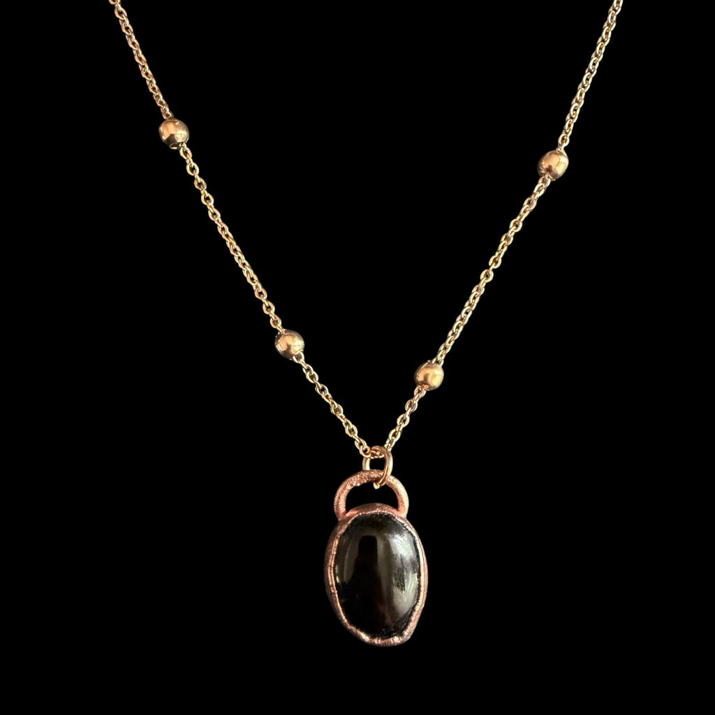 Black Obsidian Necklace | Electroformed Copper Pendant | Handmade Boho Crystal Jewelry | Rose Gold Chain | Protection Gift