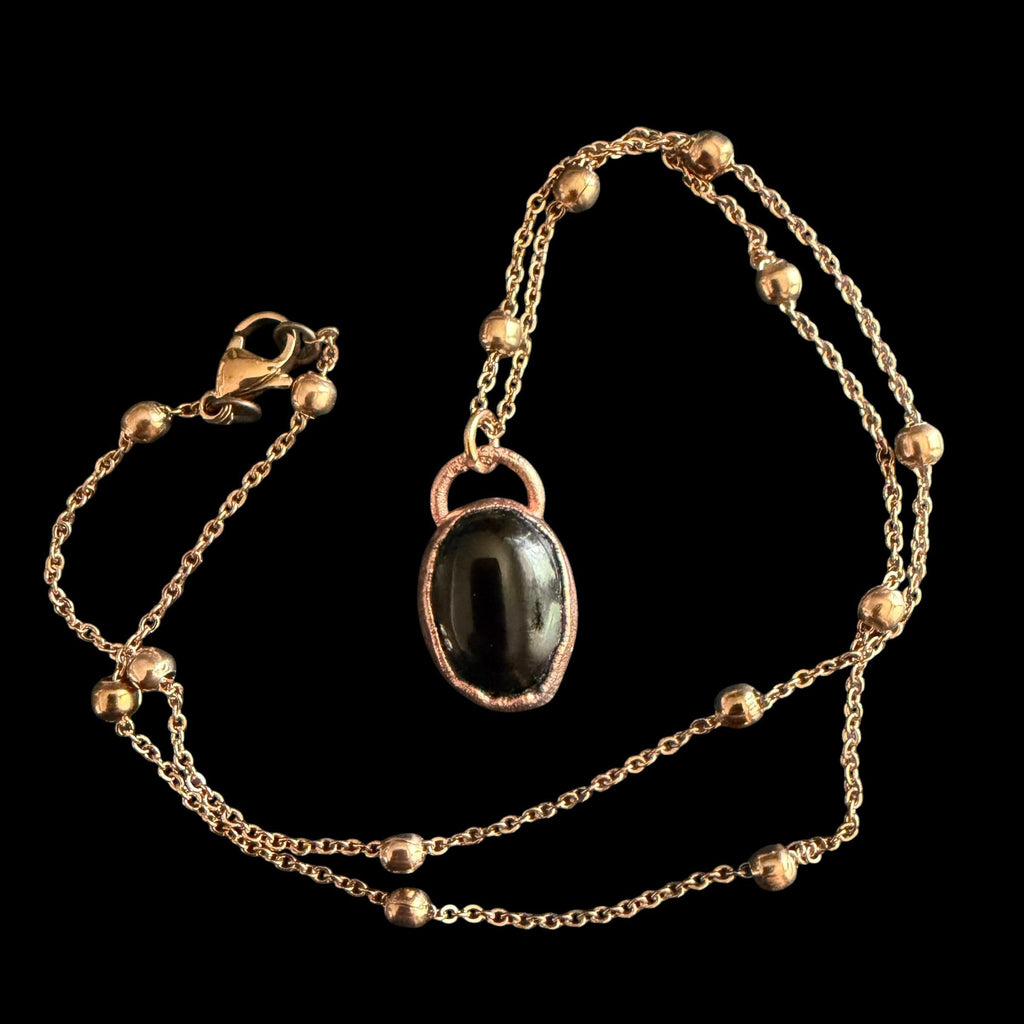 Black Obsidian Necklace | Electroformed Copper Pendant | Handmade Boho Crystal Jewelry | Rose Gold Chain | Protection Gift