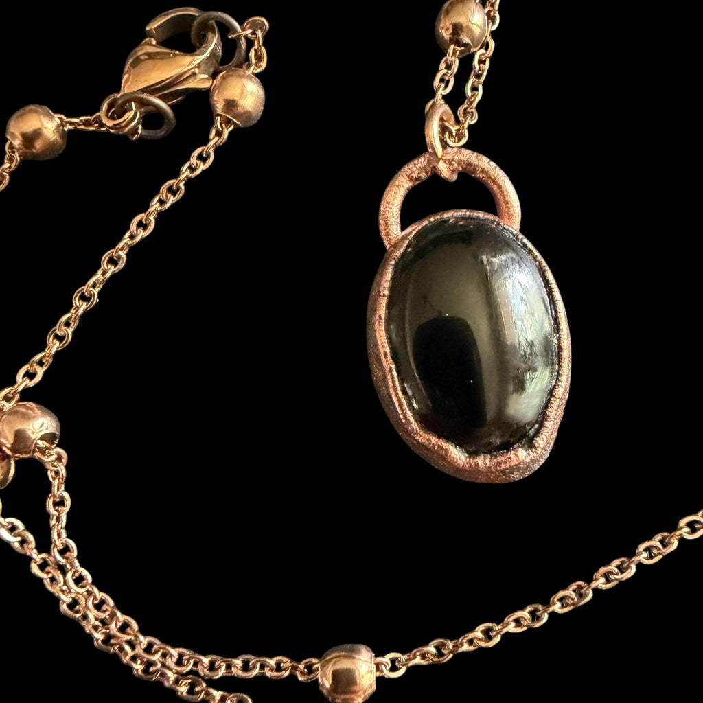 Black Obsidian Necklace | Electroformed Copper Pendant | Handmade Boho Crystal Jewelry | Rose Gold Chain | Protection Gift