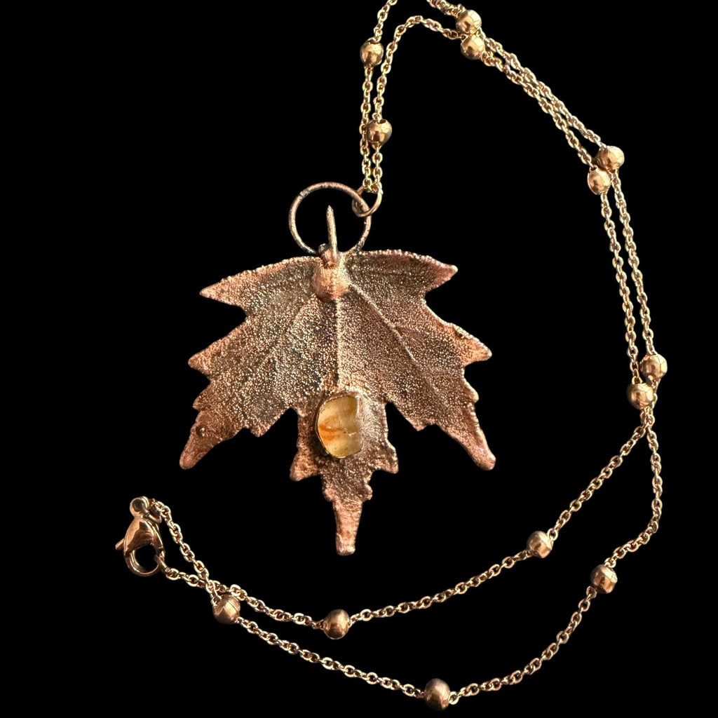 Real Maple Leaf Necklace with Raw Citrine | Electroformed Copper Pendant | Handmade Boho Botanical Jewelry | Rose Gold Chain