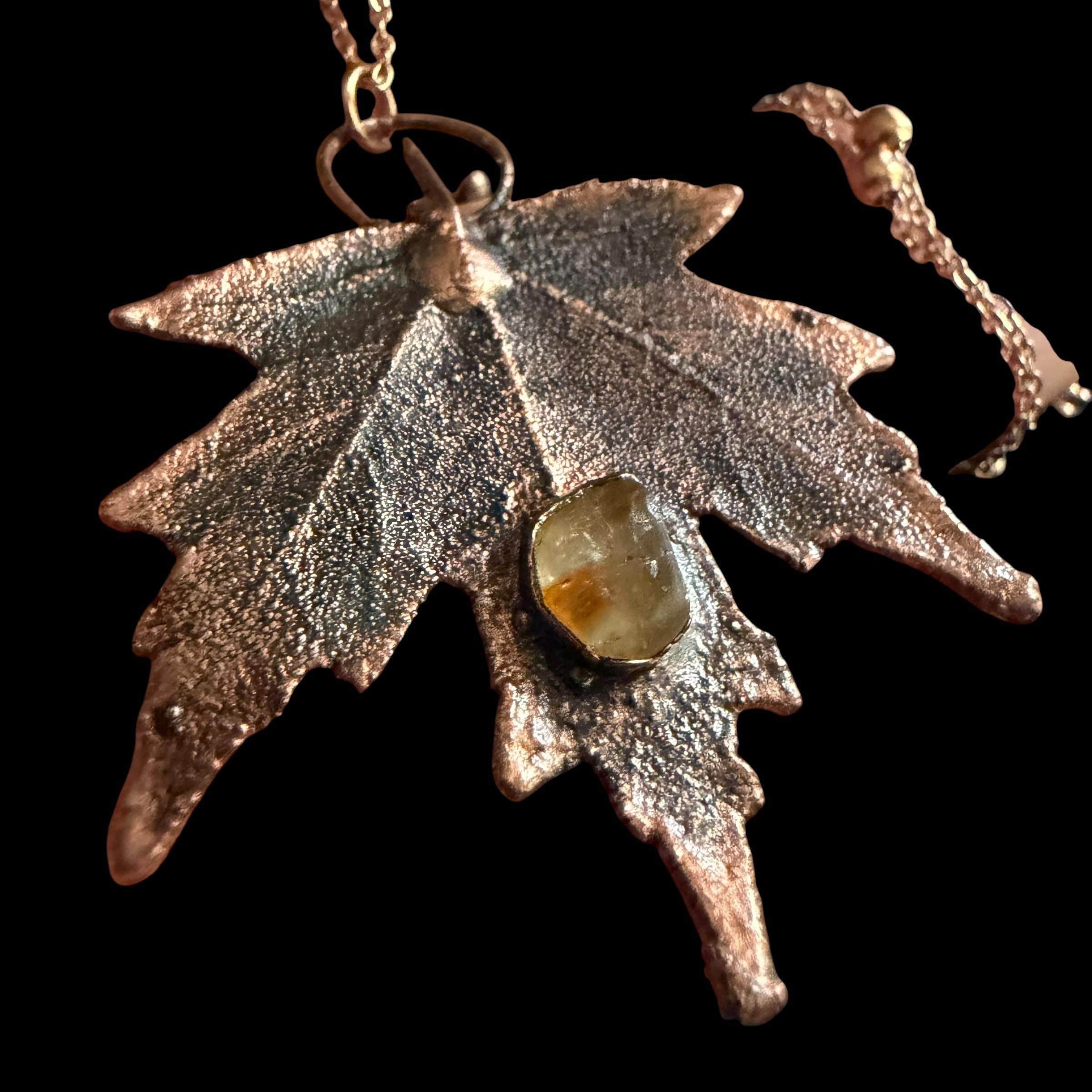 Real Maple Leaf Necklace with Raw Citrine | Electroformed Copper Pendant | Handmade Boho Botanical Jewelry | Rose Gold Chain
