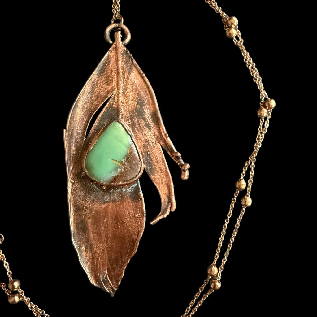 Real Feather Necklace with Chrysoprase | Electroformed Copper Pendant | Handmade Boho Jewelry | Green Gemstone Necklace