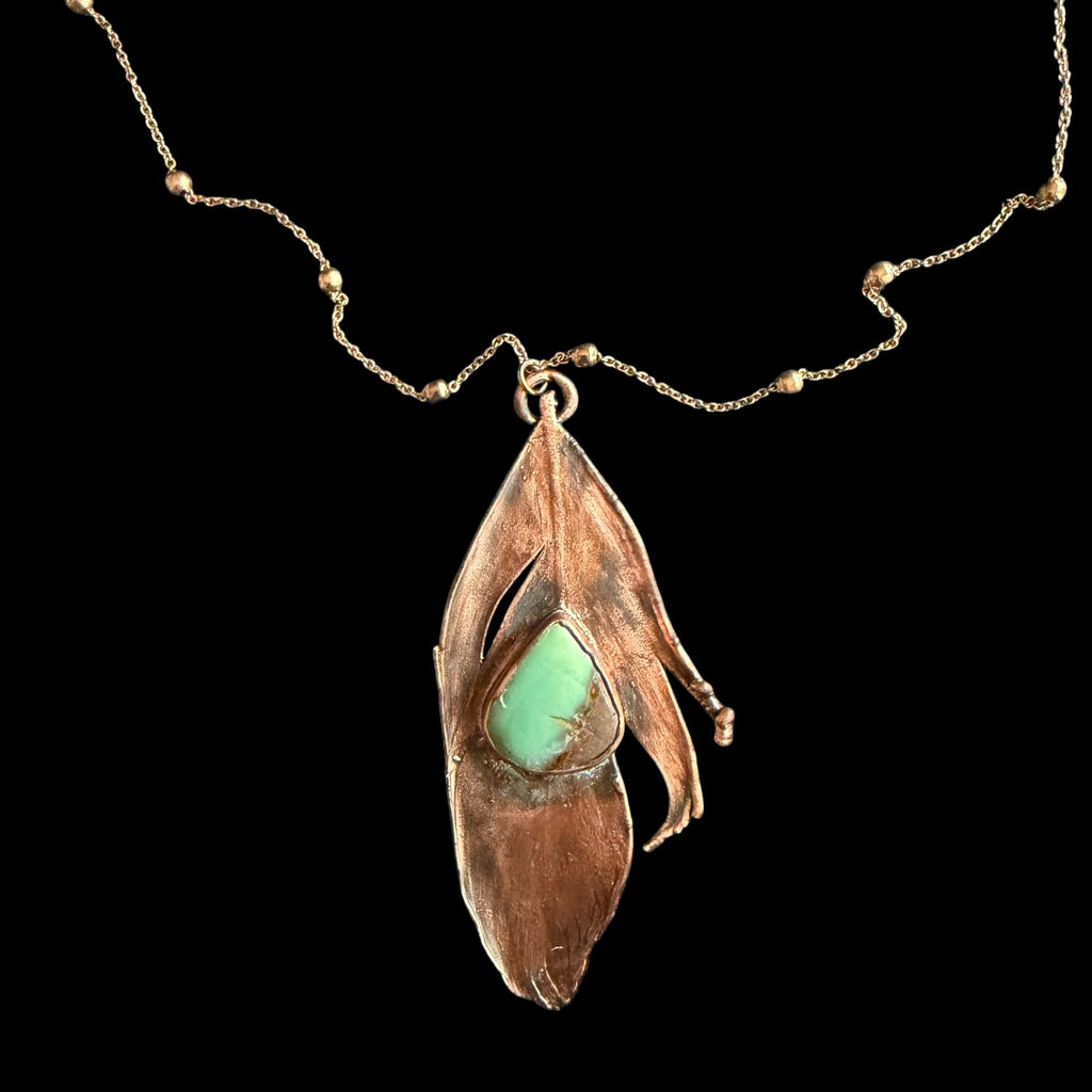Real Feather Necklace with Chrysoprase | Electroformed Copper Pendant | Handmade Boho Jewelry | Green Gemstone Necklace