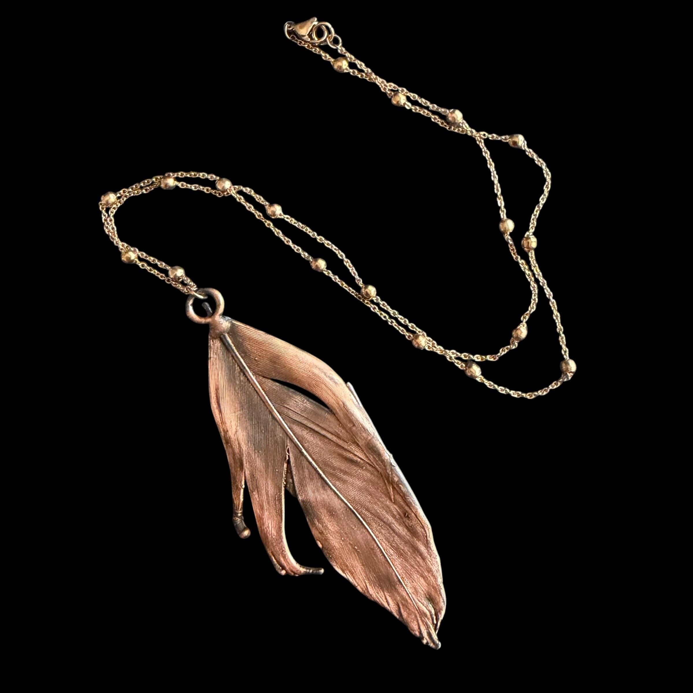 Real Feather Necklace with Chrysoprase | Electroformed Copper Pendant | Handmade Boho Jewelry | Green Gemstone Necklace