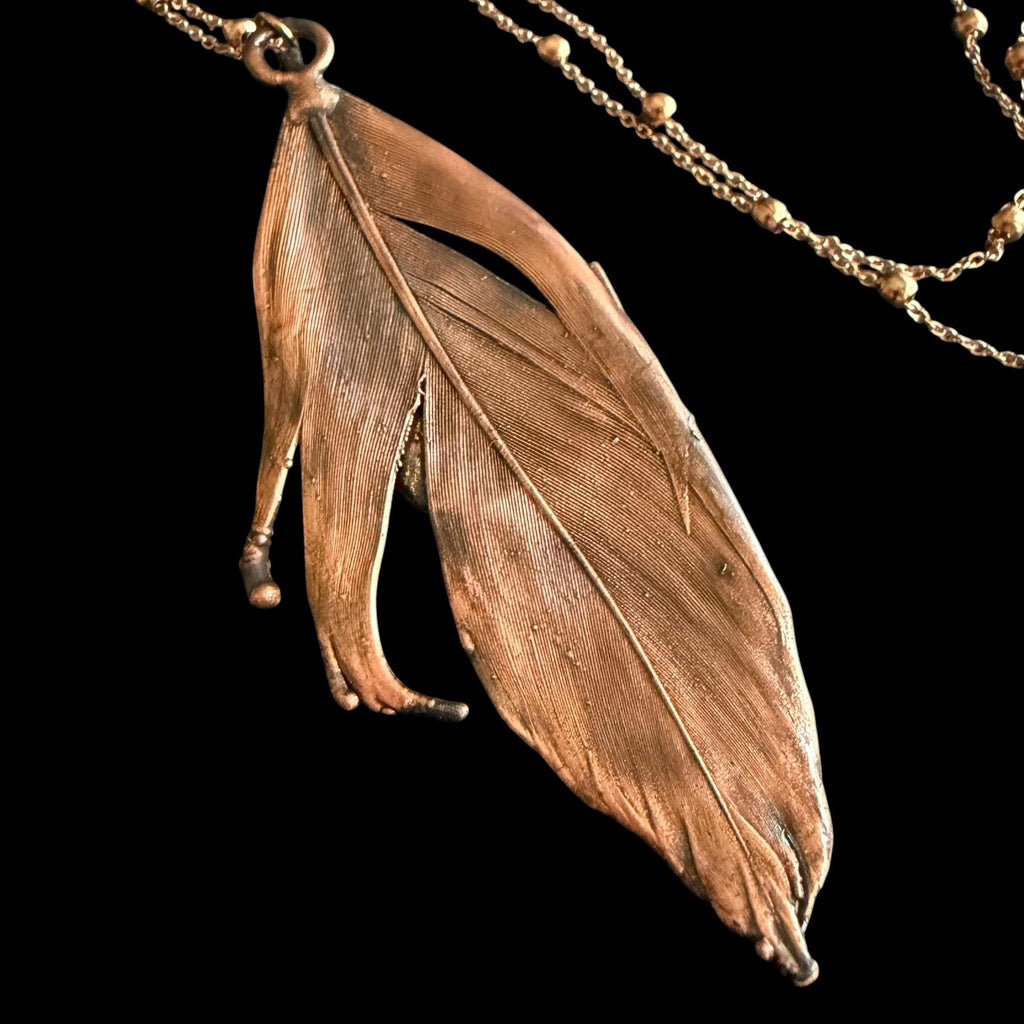 Real Feather Necklace with Chrysoprase | Electroformed Copper Pendant | Handmade Boho Jewelry | Green Gemstone Necklace