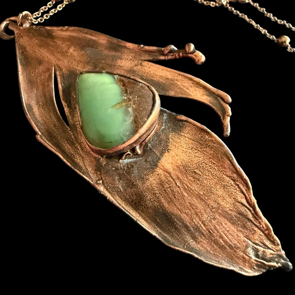 Real Feather Necklace with Chrysoprase | Electroformed Copper Pendant | Handmade Boho Jewelry | Green Gemstone Necklace