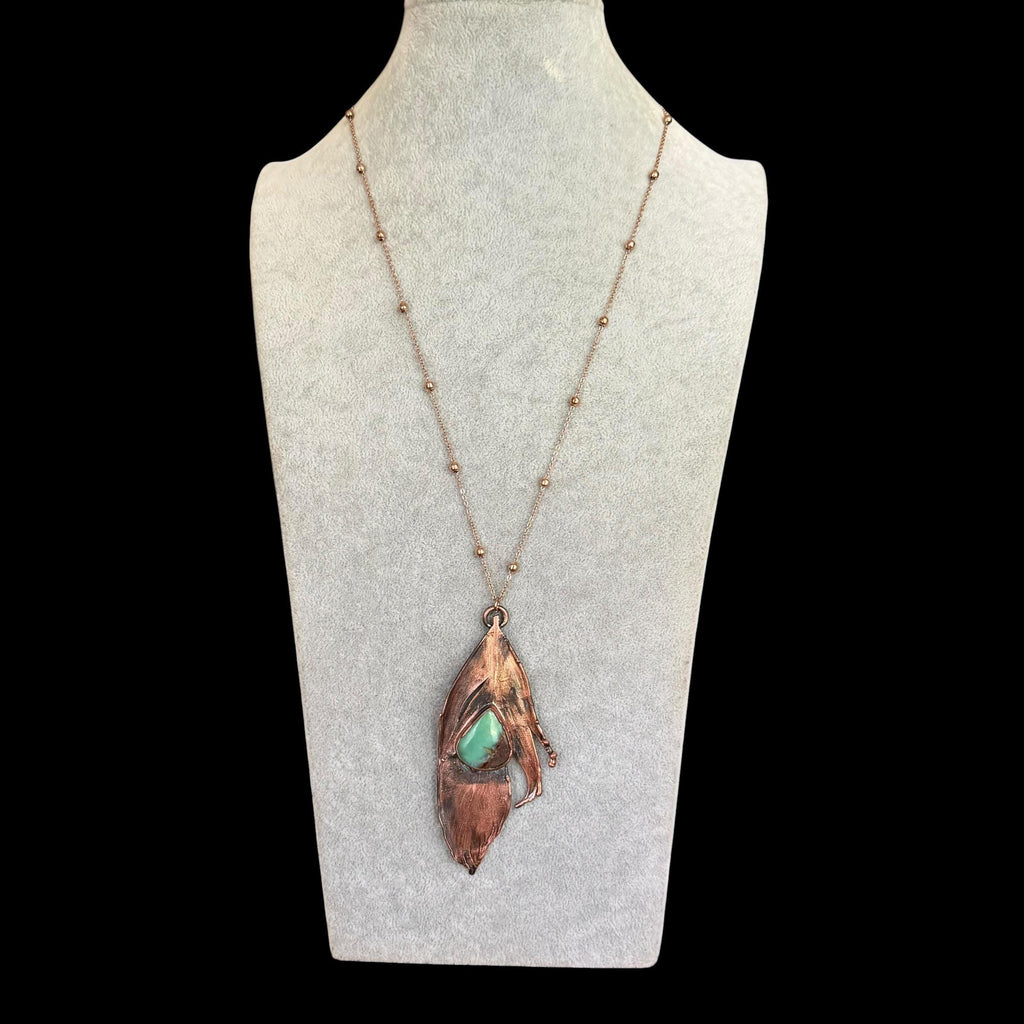 Real Feather Necklace with Chrysoprase | Electroformed Copper Pendant | Handmade Boho Jewelry | Green Gemstone Necklace