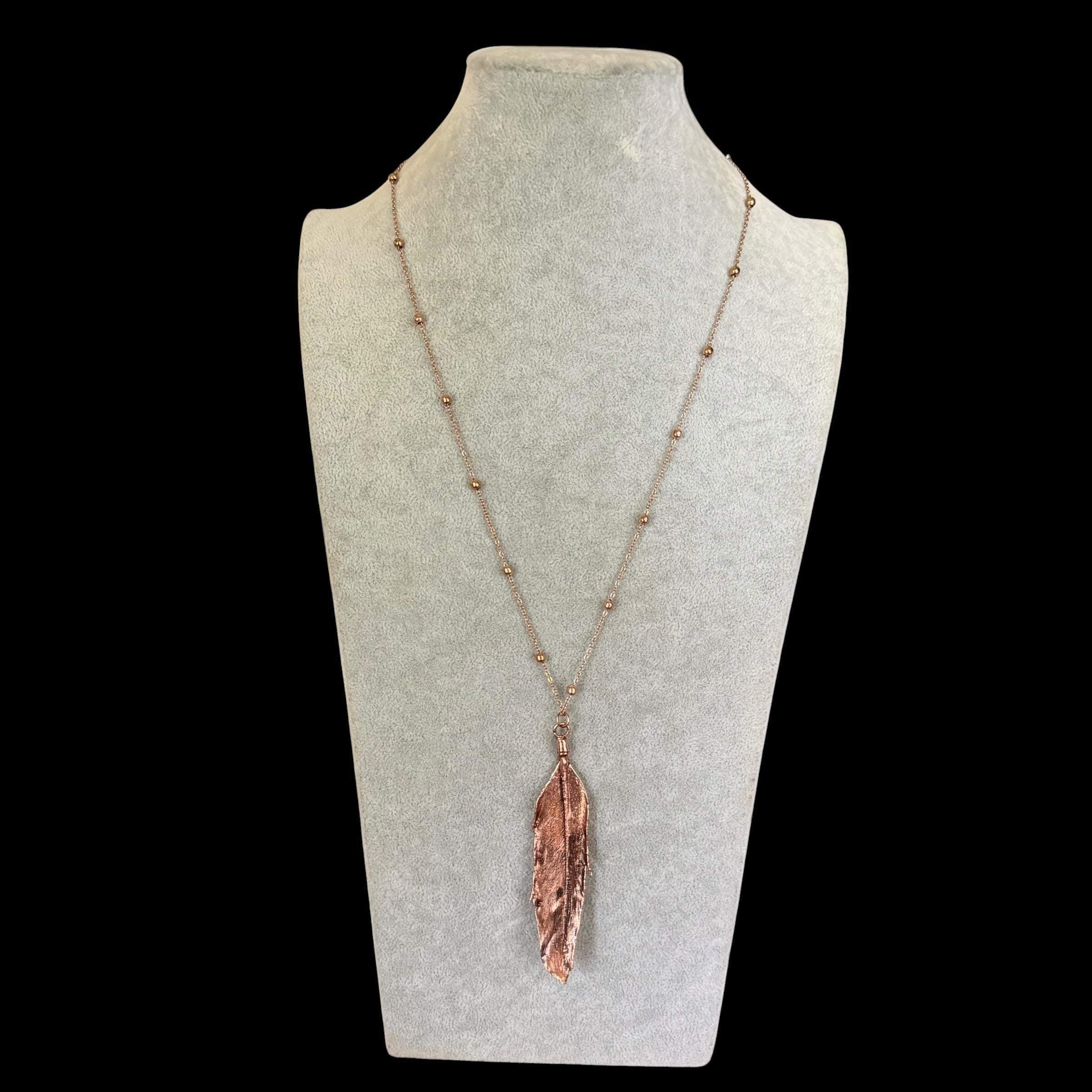 Real Feather Necklace Electroformed in Copper | Boho Feather Pendant | Handmade Nature Jewelry | Long Layering Necklace