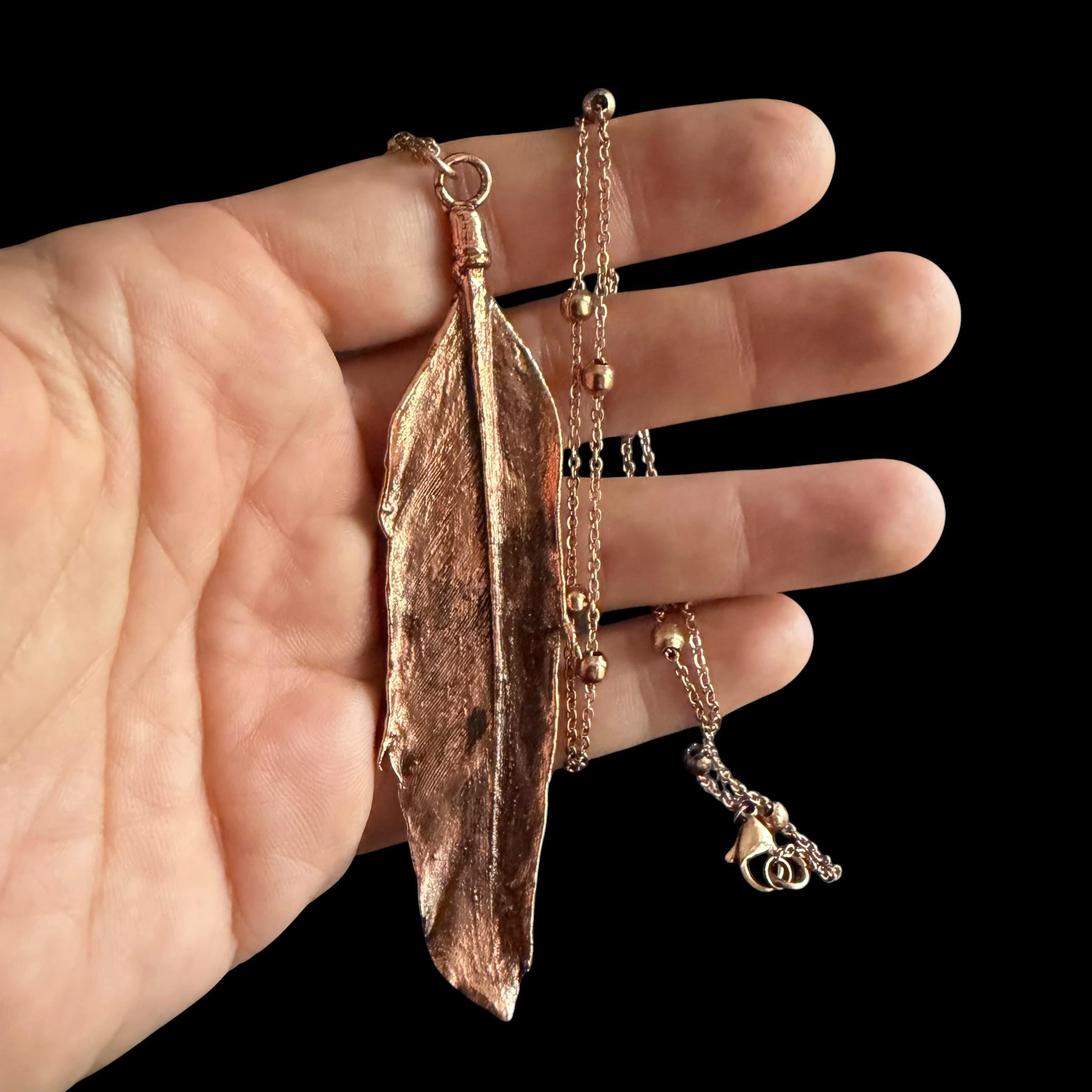 Real Feather Necklace Electroformed in Copper | Boho Feather Pendant | Handmade Nature Jewelry | Long Layering Necklace