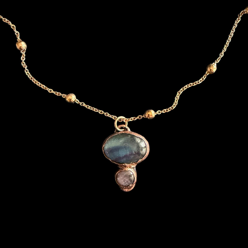 Fluorite and Amethyst Necklace | Electroformed Copper Pendant | Handmade Crystal Jewelry | Boho Healing Necklace