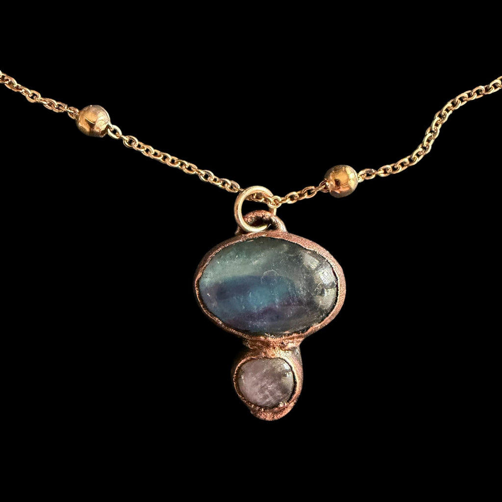 Fluorite and Amethyst Necklace | Electroformed Copper Pendant | Handmade Crystal Jewelry | Boho Healing Necklace