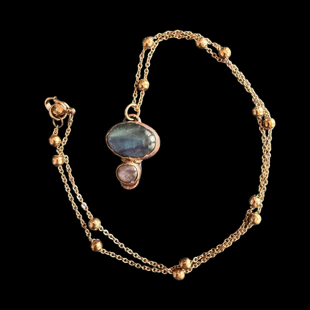 Fluorite and Amethyst Necklace | Electroformed Copper Pendant | Handmade Crystal Jewelry | Boho Healing Necklace