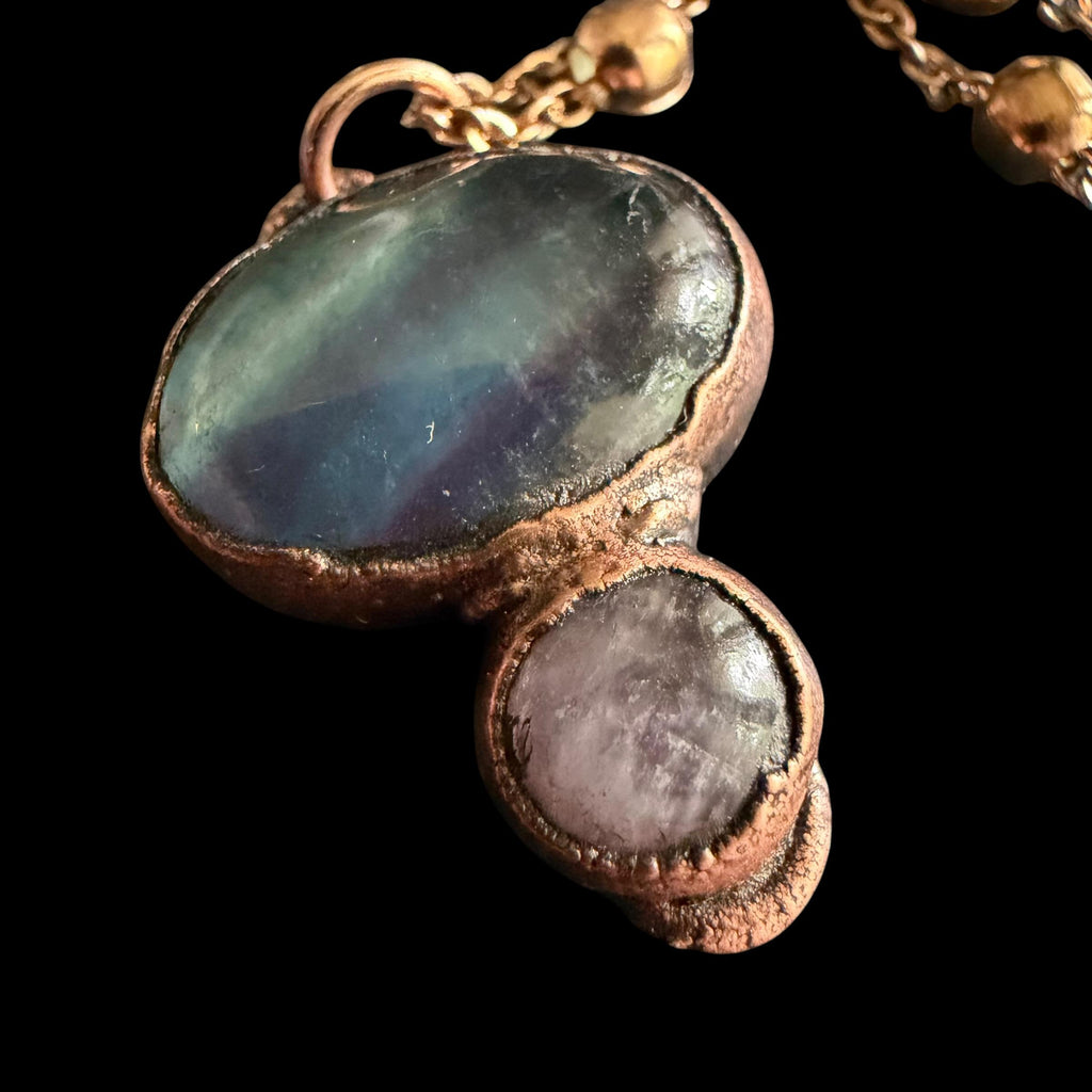Fluorite and Amethyst Necklace | Electroformed Copper Pendant | Handmade Crystal Jewelry | Boho Healing Necklace