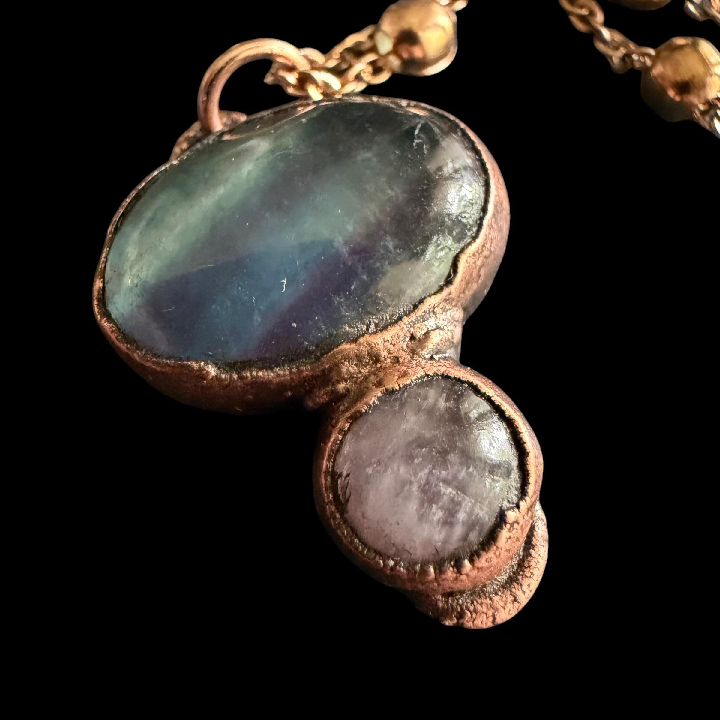 Fluorite and Amethyst Necklace | Electroformed Copper Pendant | Handmade Crystal Jewelry | Boho Healing Necklace