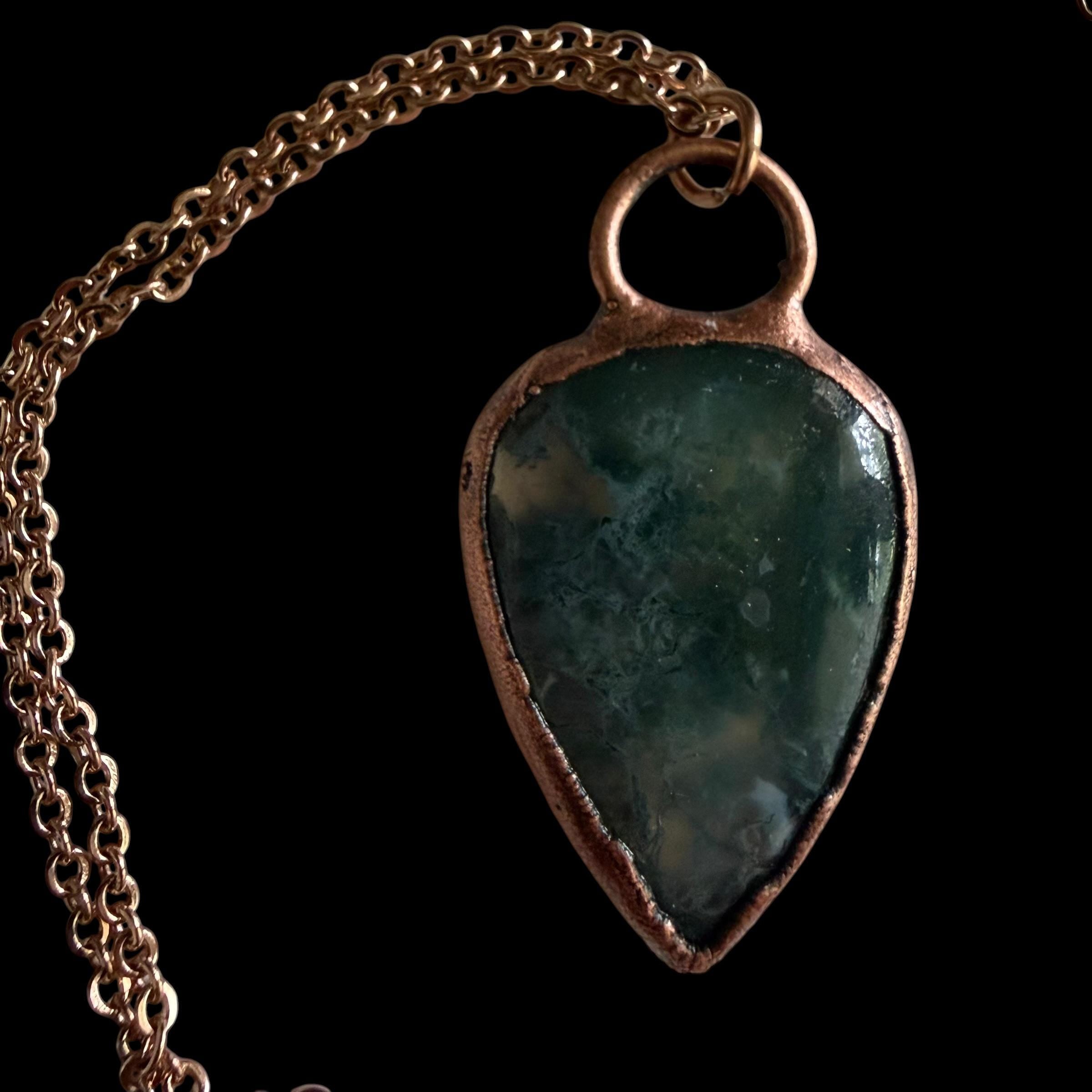 Moss Agate Necklace | Electroformed Copper Pendant | Handmade Crystal Jewelry | Boho Nature Necklace