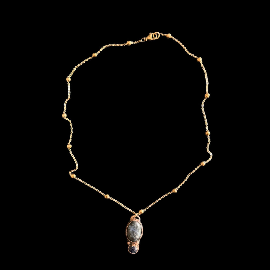 Plum Blossom Jasper and Blue Goldstone Necklace | Electroformed Copper Pendant | Handmade Crystal Jewelry | Boho Necklace