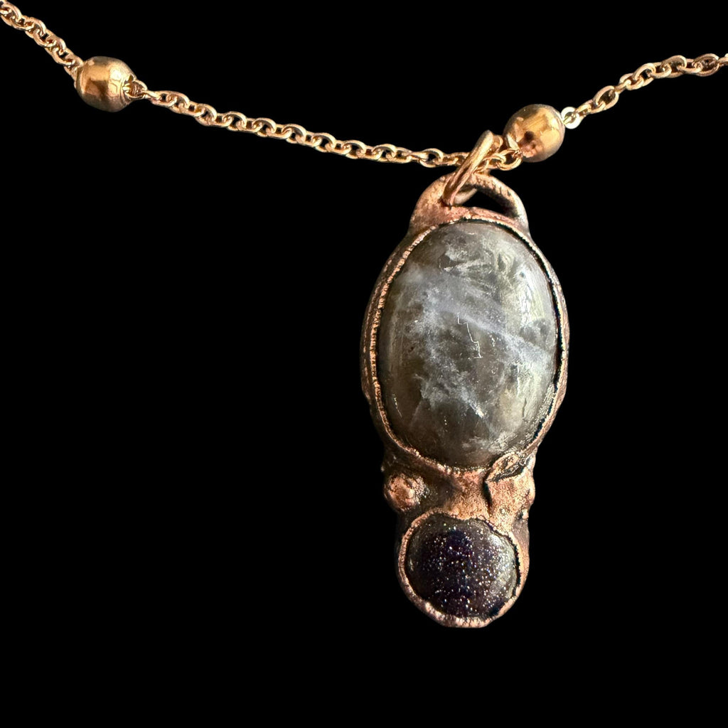 Plum Blossom Jasper and Blue Goldstone Necklace | Electroformed Copper Pendant | Handmade Crystal Jewelry | Boho Necklace
