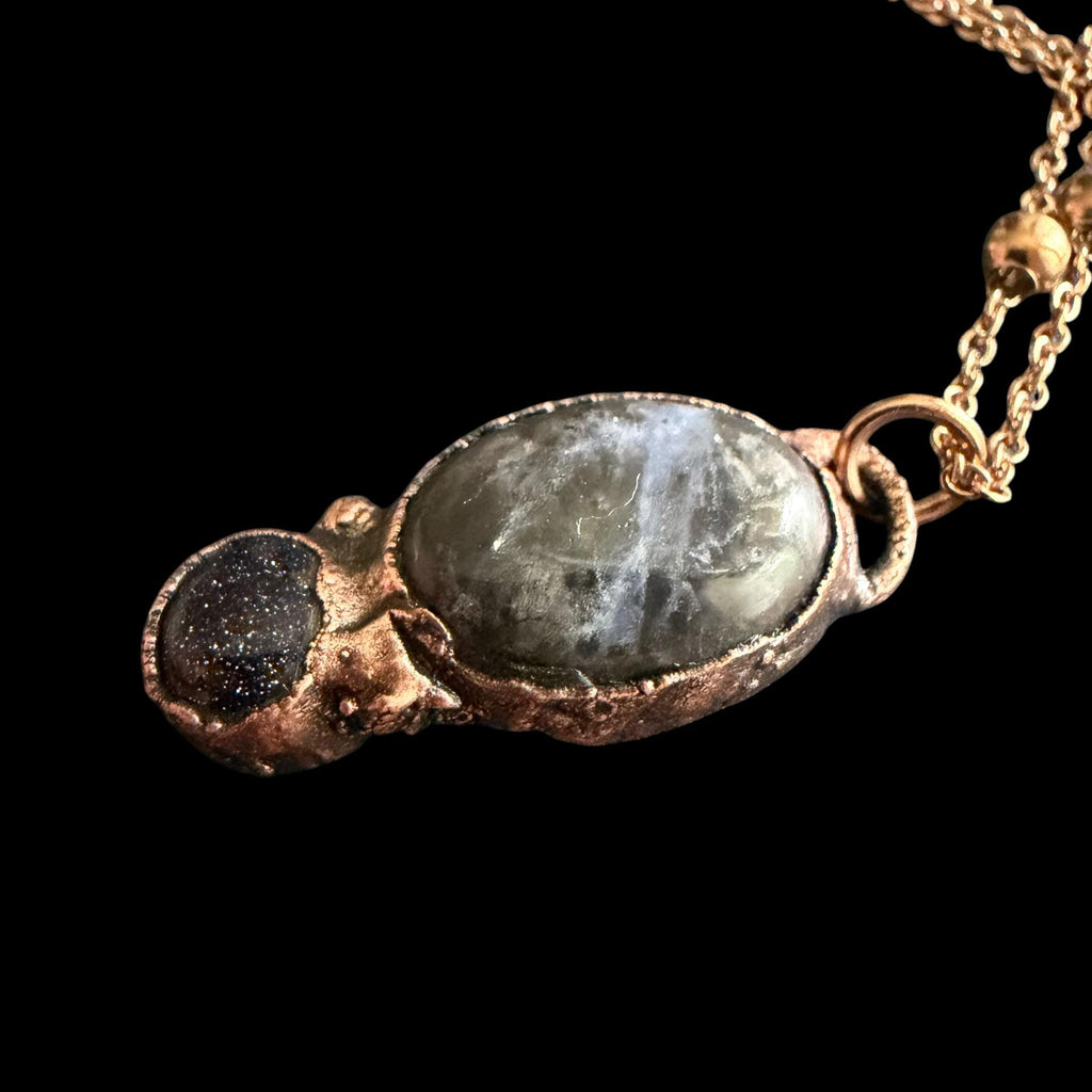 Plum Blossom Jasper and Blue Goldstone Necklace | Electroformed Copper Pendant | Handmade Crystal Jewelry | Boho Necklace