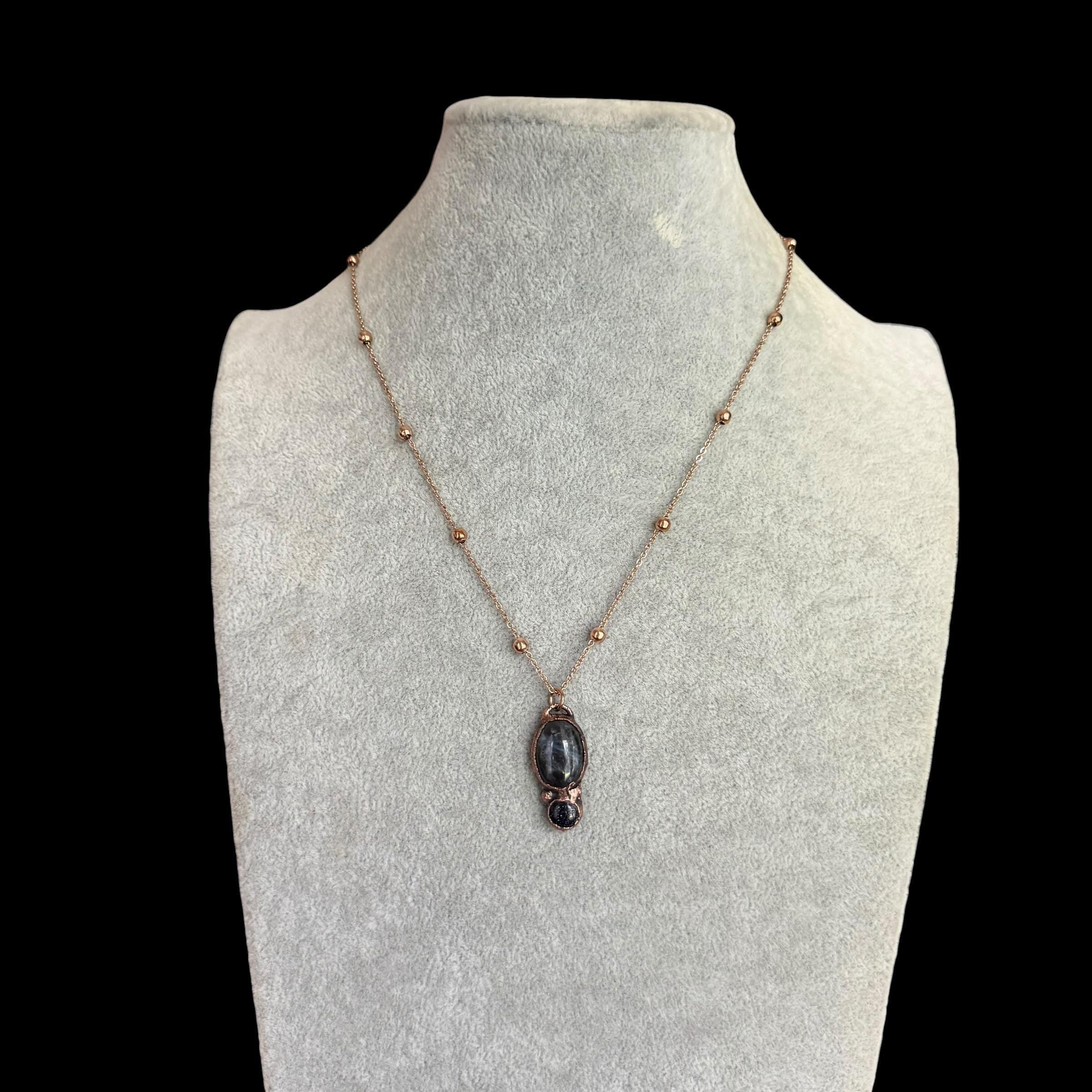 Plum Blossom Jasper and Blue Goldstone Necklace | Electroformed Copper Pendant | Handmade Crystal Jewelry | Boho Necklace