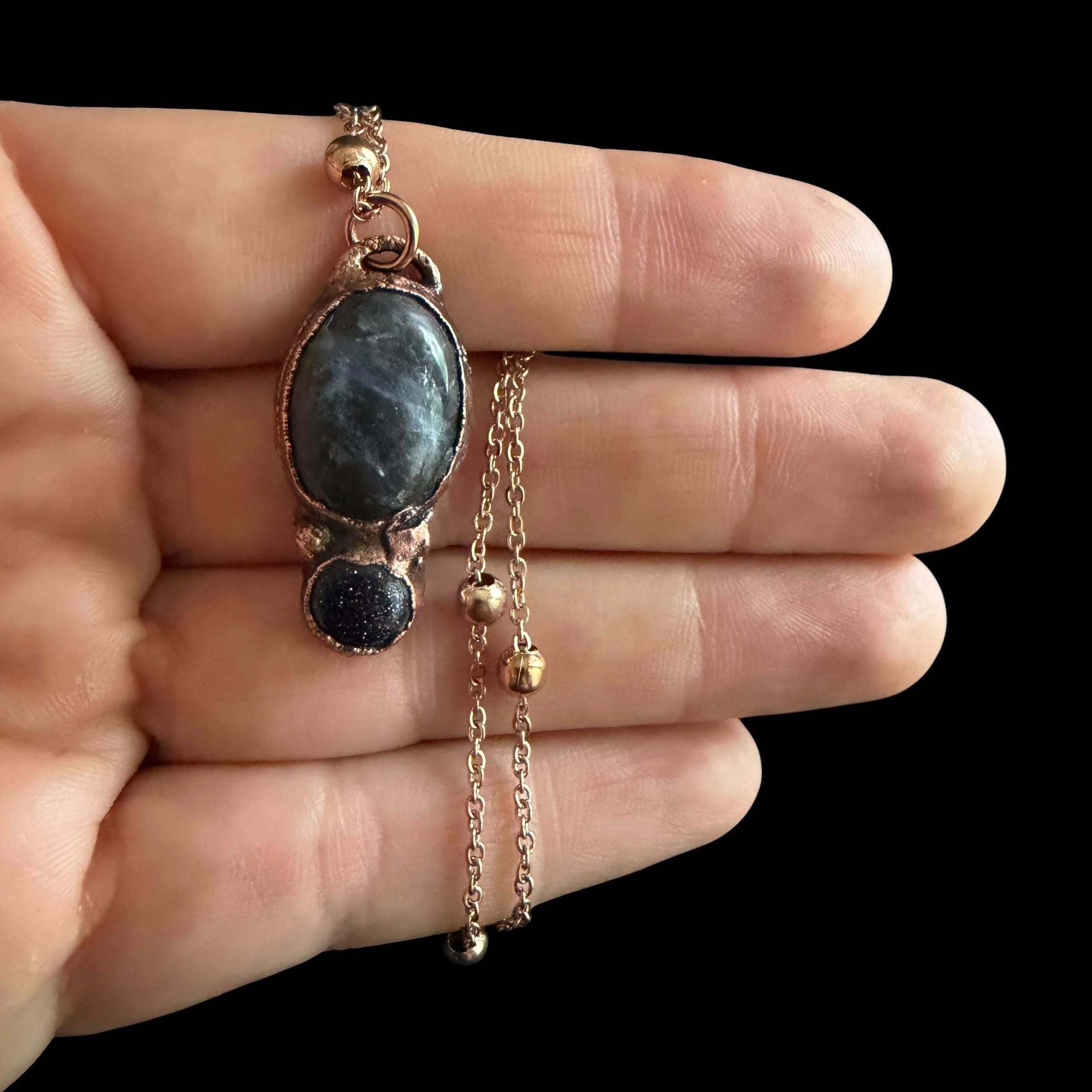 Plum Blossom Jasper and Blue Goldstone Necklace | Electroformed Copper Pendant | Handmade Crystal Jewelry | Boho Necklace