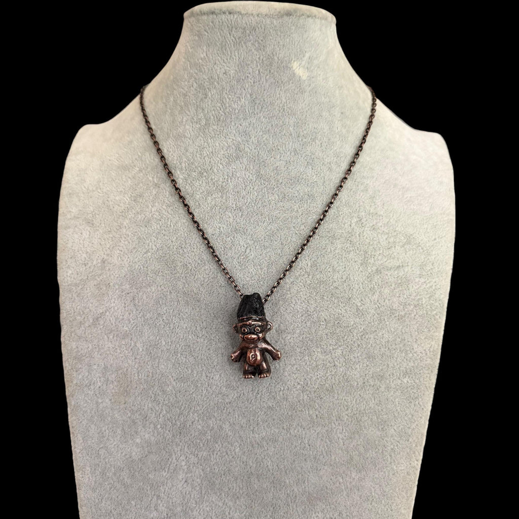 Black Tourmaline Troll Necklace | Electroformed Copper Pendant | Handmade Crystal Jewelry | Quirky Boho Good Luck Charm