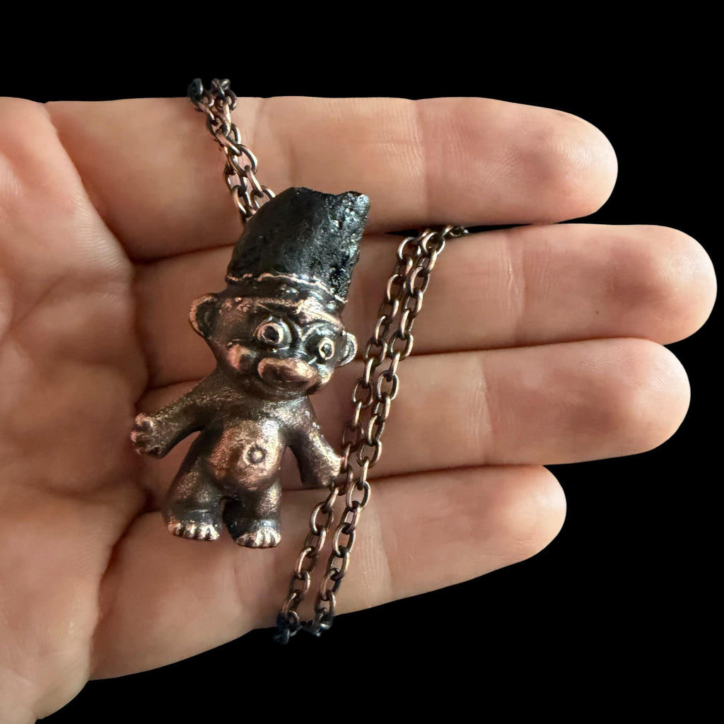Black Tourmaline Troll Necklace | Electroformed Copper Pendant | Handmade Crystal Jewelry | Quirky Boho Good Luck Charm