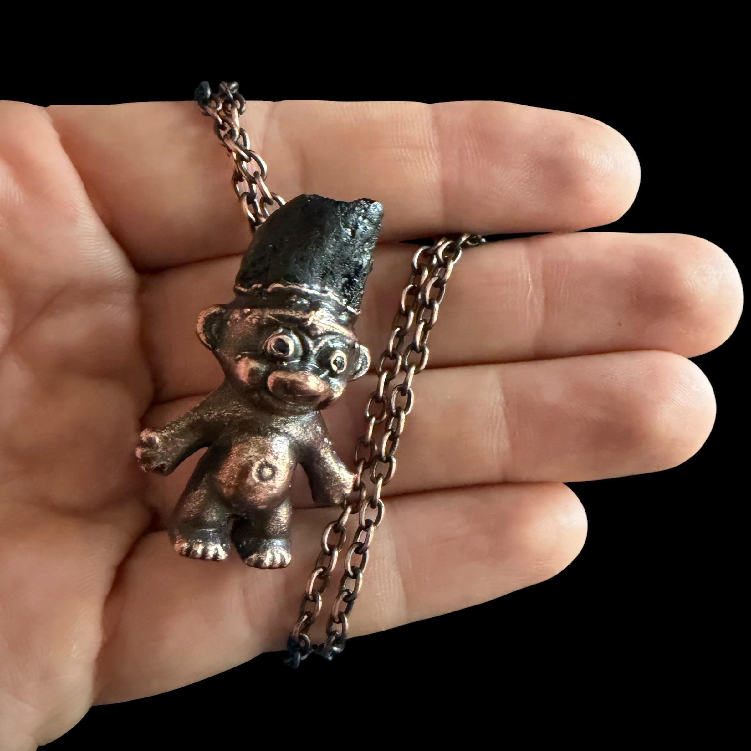Black Tourmaline Troll Necklace | Electroformed Copper Pendant | Handmade Crystal Jewelry | Quirky Boho Good Luck Charm