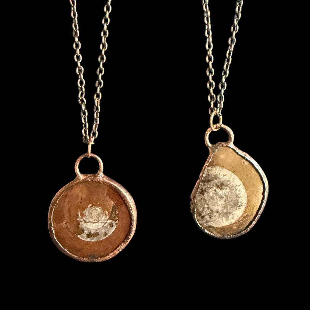 Ammonite Fossil Necklace | Electroformed Copper Pendant | Handmade Ancient Fossil Jewelry | Boho Spiral Necklace