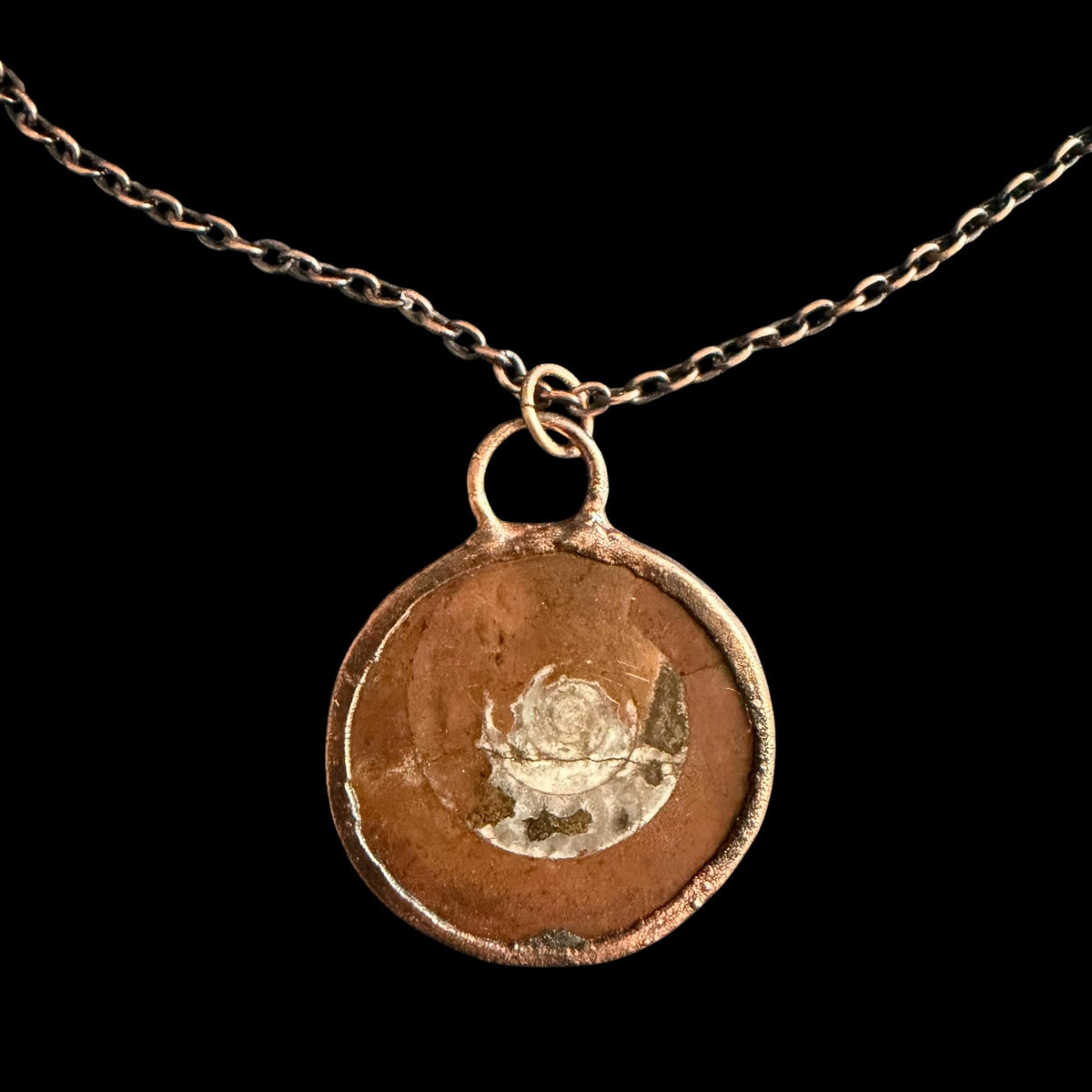 Ammonite Fossil Necklace | Electroformed Copper Pendant | Handmade Ancient Fossil Jewelry | Boho Spiral Necklace