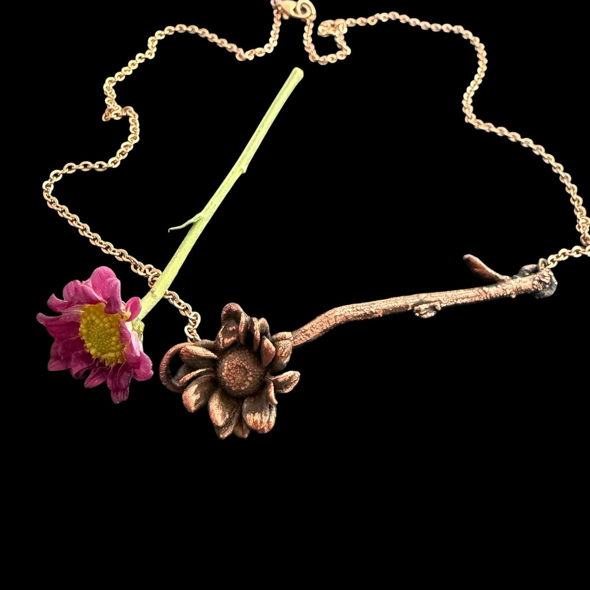 Electroformed Real Flower Stem Necklace | Copper Preserved Wildflower Bar Pendant | Handmade Botanical Jewelry | Boho Nature Gift