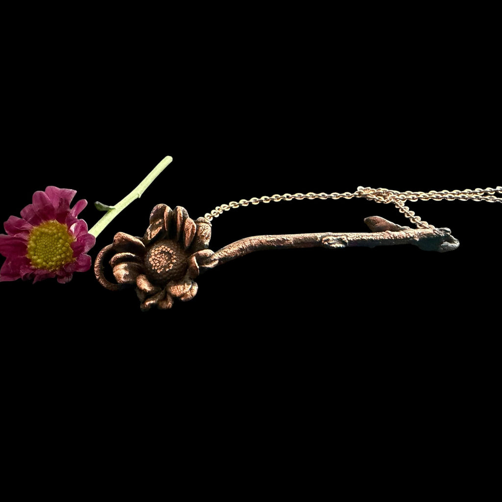 Electroformed Real Flower Stem Necklace | Copper Preserved Wildflower Bar Pendant | Handmade Botanical Jewelry | Boho Nature Gift