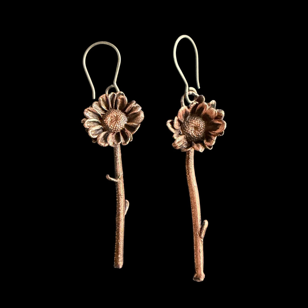 Real Daisy Flower Stem Dangle Earrings | Electroformed Copper Wildflower | Handmade Botanical Jewelry | Boho Nature Earrings