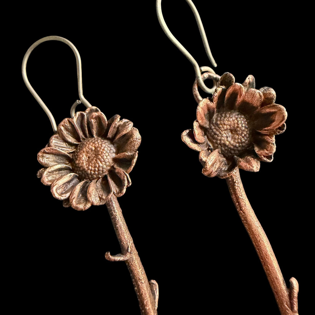 Real Daisy Flower Stem Dangle Earrings | Electroformed Copper Wildflower | Handmade Botanical Jewelry | Boho Nature Earrings