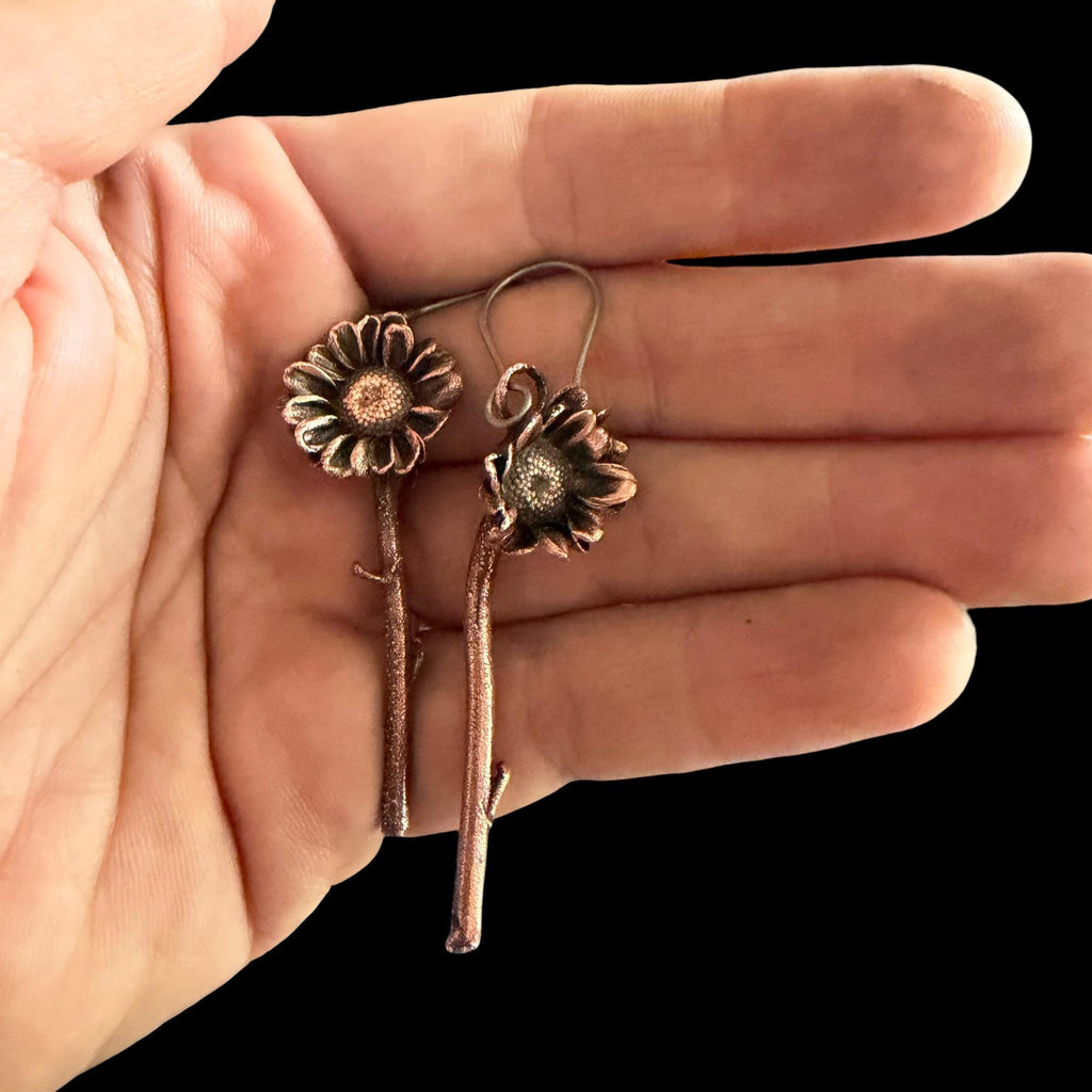 Real Daisy Flower Stem Dangle Earrings | Electroformed Copper Wildflower | Handmade Botanical Jewelry | Boho Nature Earrings