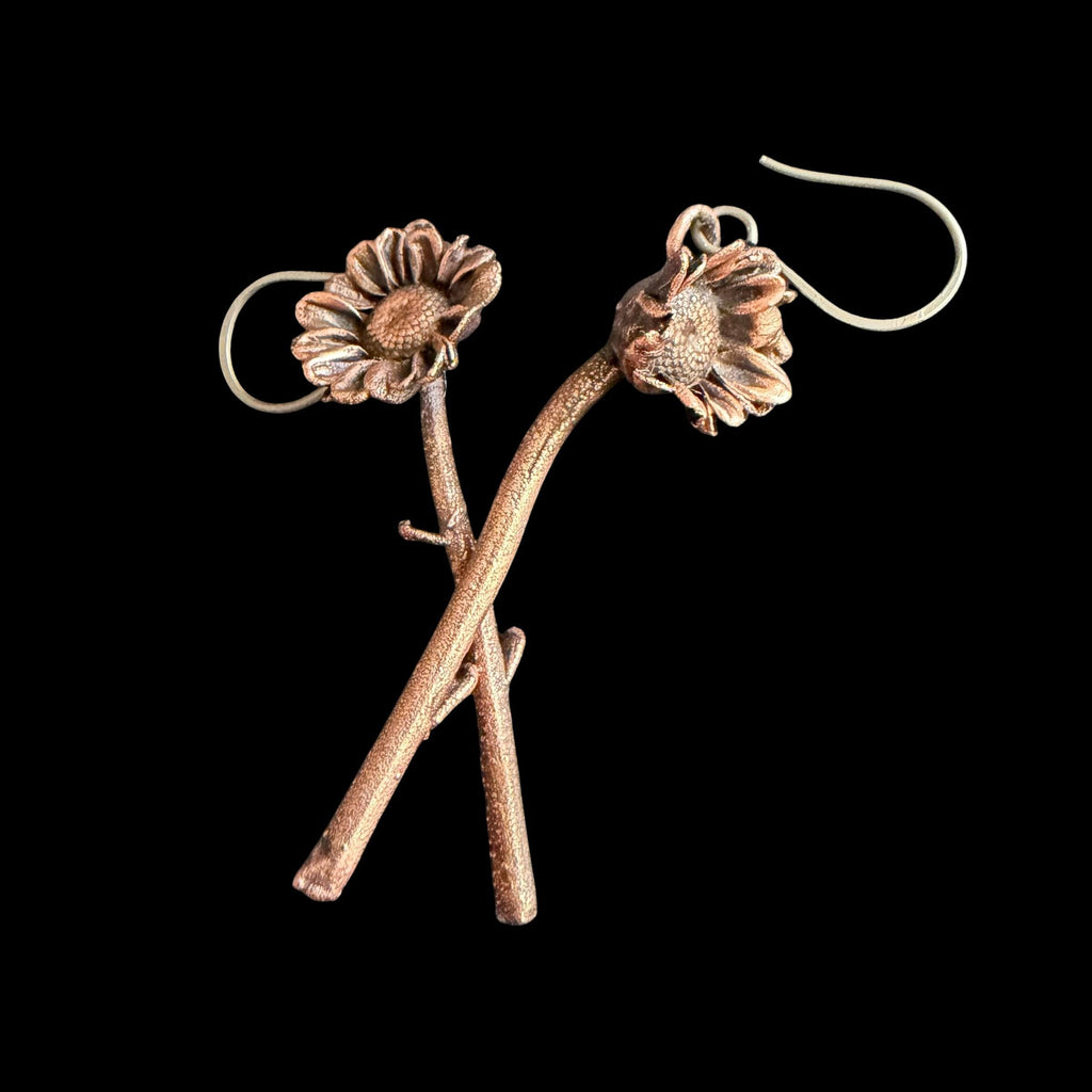Real Daisy Flower Stem Dangle Earrings | Electroformed Copper Wildflower | Handmade Botanical Jewelry | Boho Nature Earrings