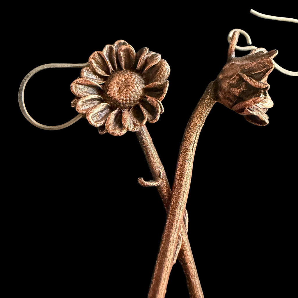 Real Daisy Flower Stem Dangle Earrings | Electroformed Copper Wildflower | Handmade Botanical Jewelry | Boho Nature Earrings