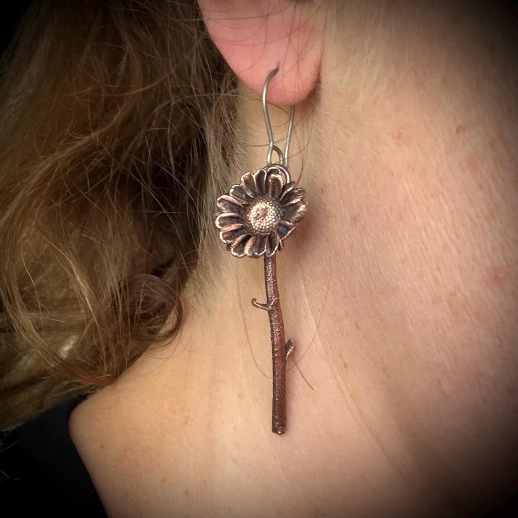 Real Daisy Flower Stem Dangle Earrings | Electroformed Copper Wildflower | Handmade Botanical Jewelry | Boho Nature Earrings