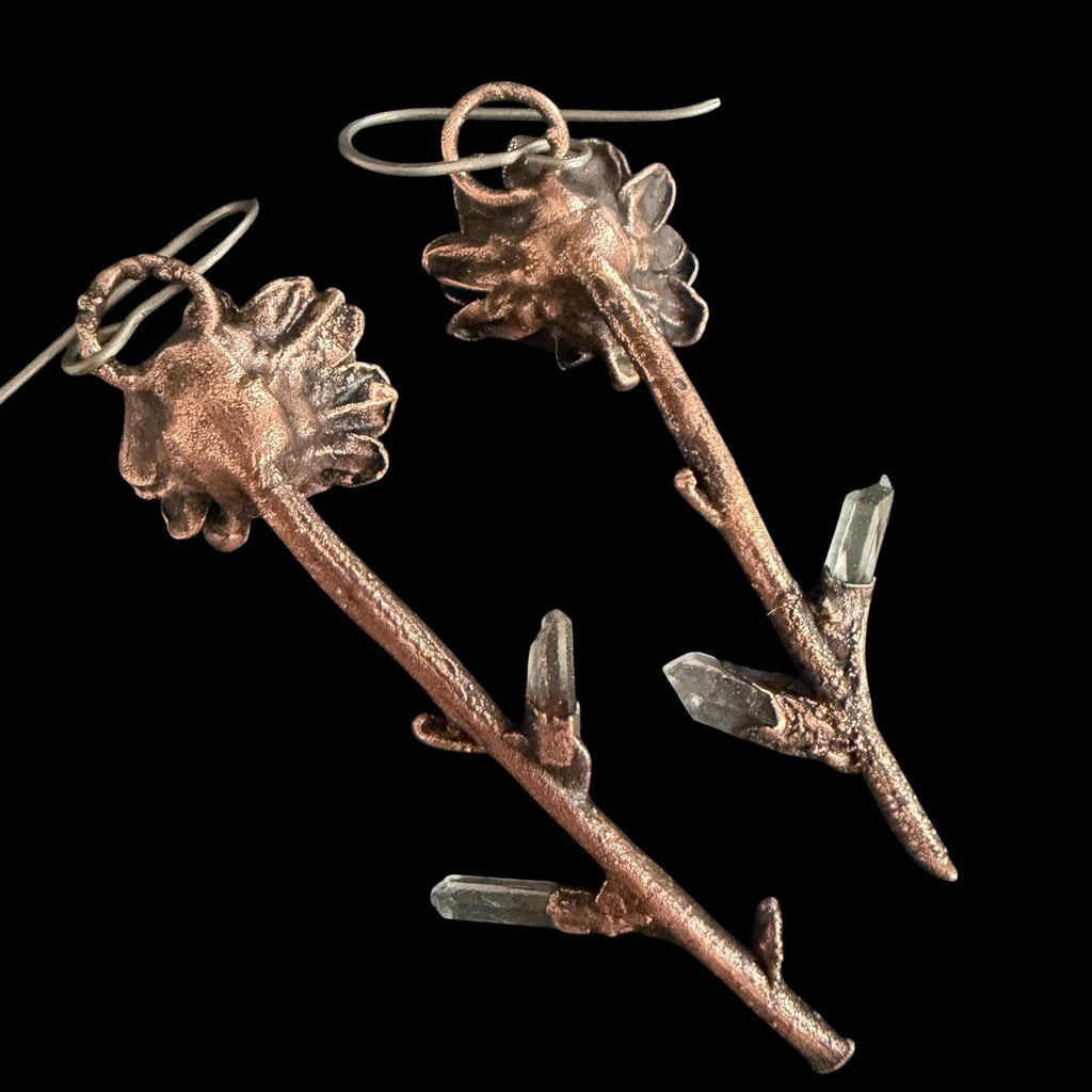Real Flower Stem Dangle Earrings with Raw Quartz | Electroformed Copper Wildflower | Handmade Crystal Botanical Jewelry | Boho