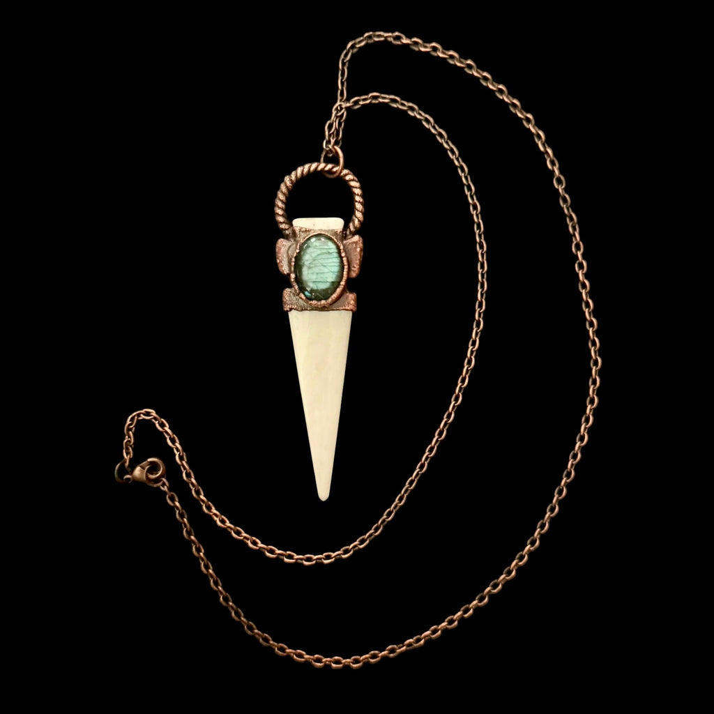 Bison Bone Arrowhead Necklace with Labradorite | Electroformed Copper Spike Pendant | Handmade Boho Jewelry | 24 inch Chain