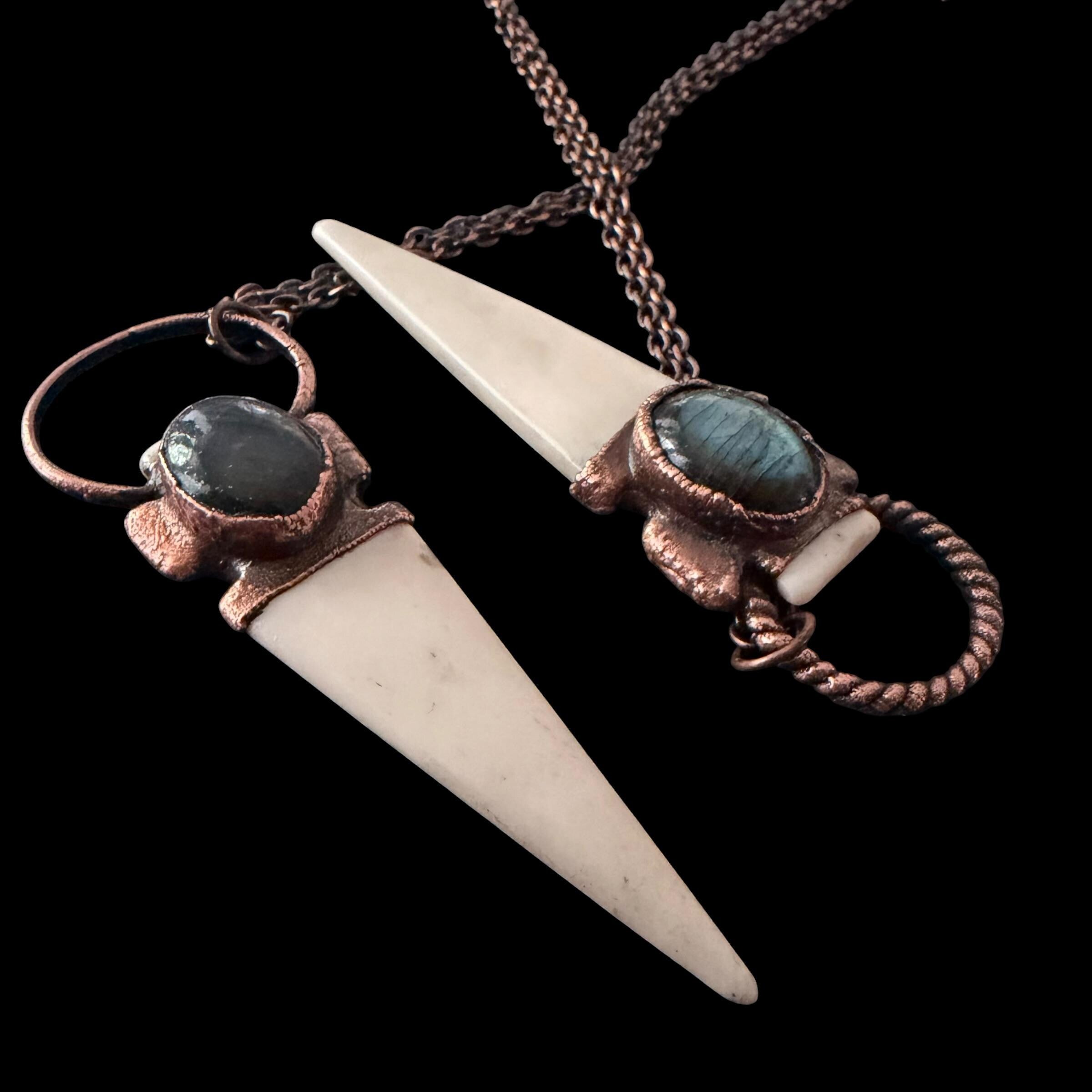 Bison Bone Arrowhead Necklace with Labradorite | Electroformed Copper Spike Pendant | Handmade Boho Jewelry | 24 inch Chain