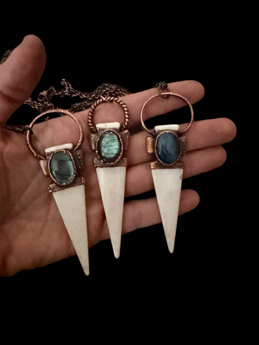 Bison Bone Arrowhead Necklace with Labradorite | Electroformed Copper Spike Pendant | Handmade Boho Jewelry | 24 inch Chain