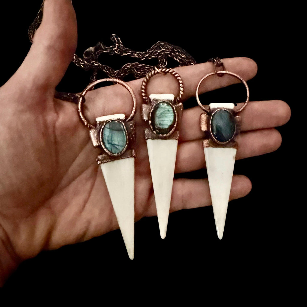 Bison Bone Arrowhead Necklace with Labradorite | Electroformed Copper Spike Pendant | Handmade Boho Jewelry | 24 inch Chain
