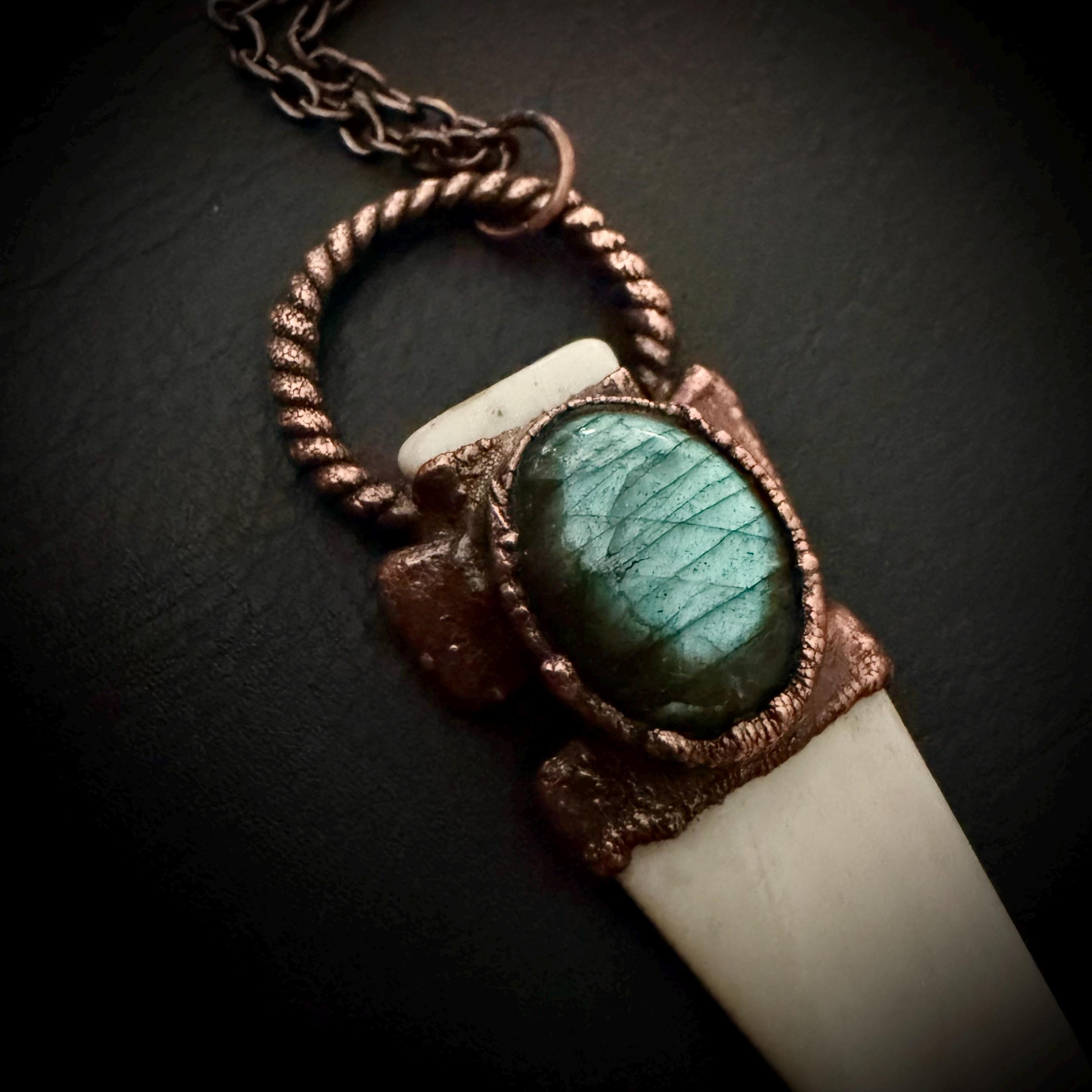 Bison Bone Arrowhead Necklace with Labradorite | Electroformed Copper Spike Pendant | Handmade Boho Jewelry | 24 inch Chain