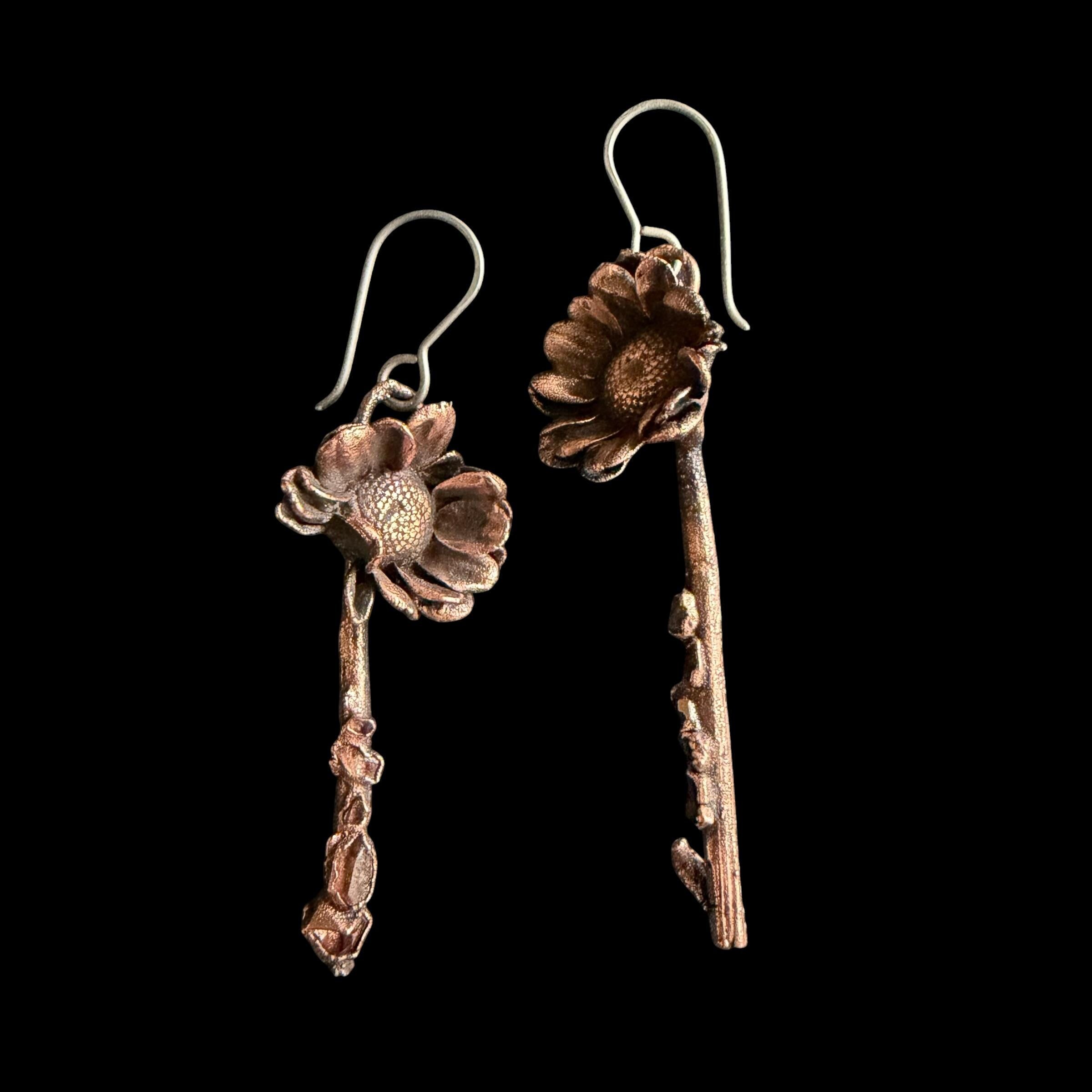Real Flower Stem Dangle Earrings with Herkimer Diamonds | Electroformed Copper Daisy | Handmade Crystal Botanical Jewelry | Boho