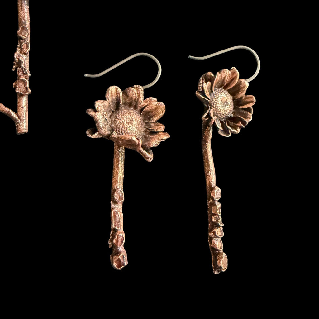 Real Flower Stem Dangle Earrings with Herkimer Diamonds | Electroformed Copper Daisy | Handmade Crystal Botanical Jewelry | Boho