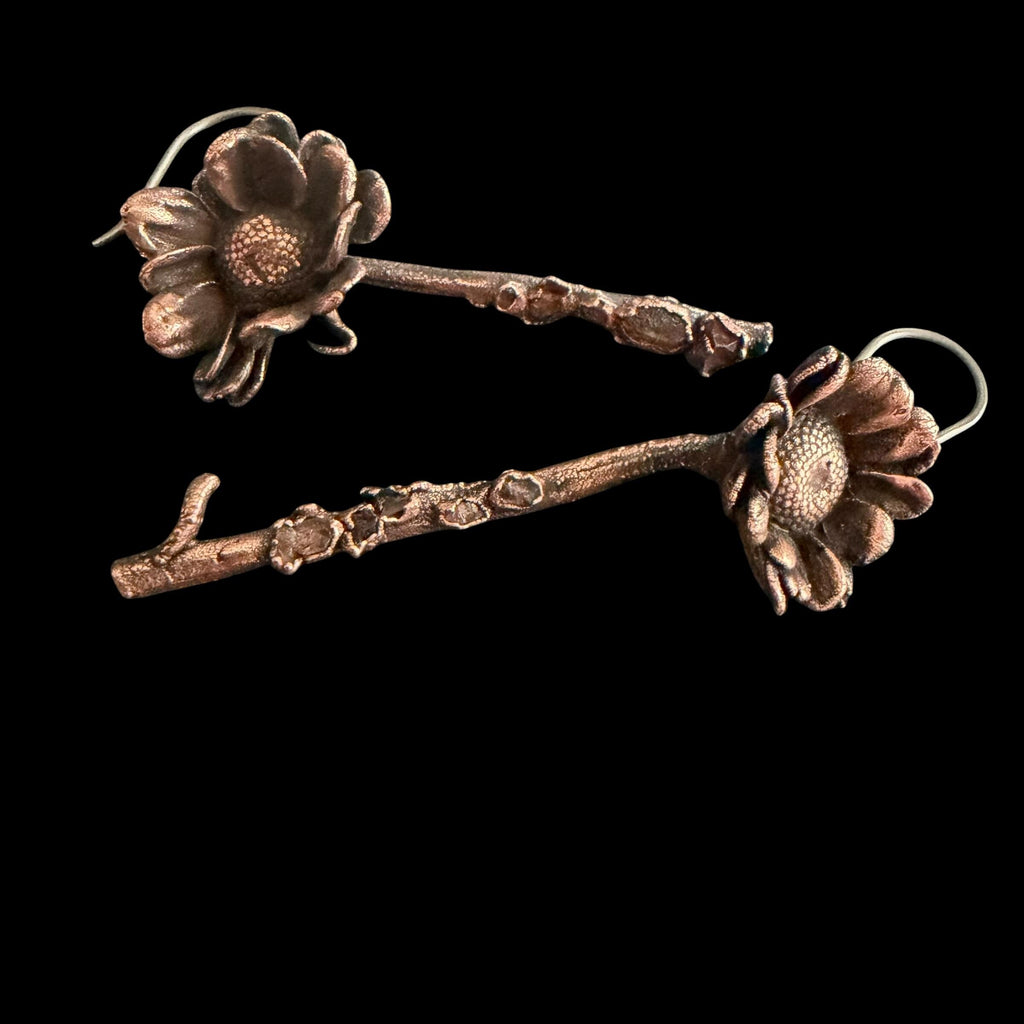 Real Flower Stem Dangle Earrings with Herkimer Diamonds | Electroformed Copper Daisy | Handmade Crystal Botanical Jewelry | Boho