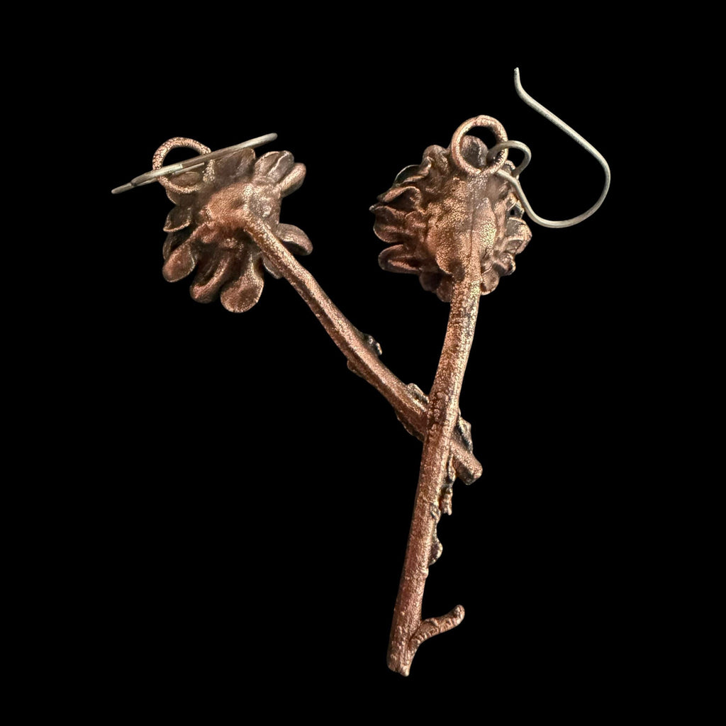 Real Flower Stem Dangle Earrings with Herkimer Diamonds | Electroformed Copper Daisy | Handmade Crystal Botanical Jewelry | Boho